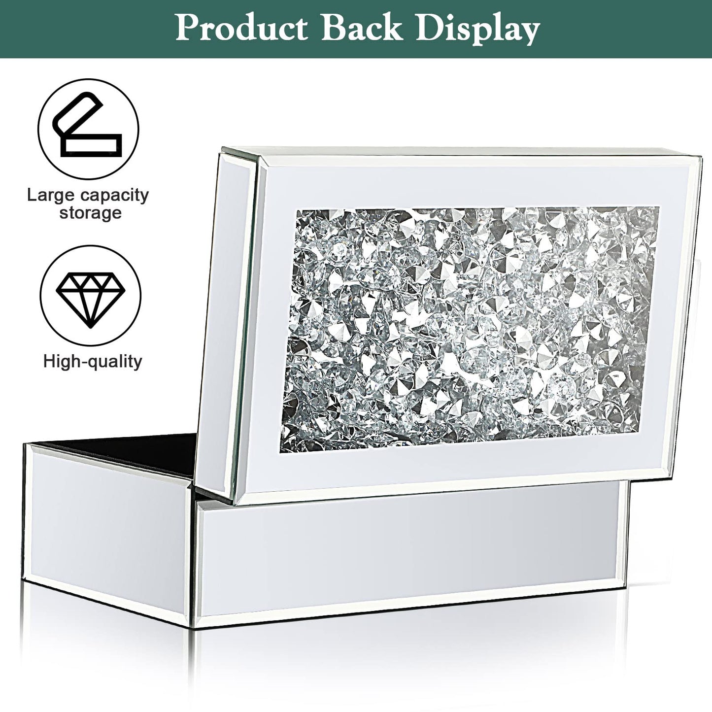 Kenning Luxury Silver Crushed Diamond Jewelry Box, Mirrored Glass Organizer for Women, Sparkly Keepsake Storage for Rings, Earrings & Necklaces, Elegant Vanity Decor
