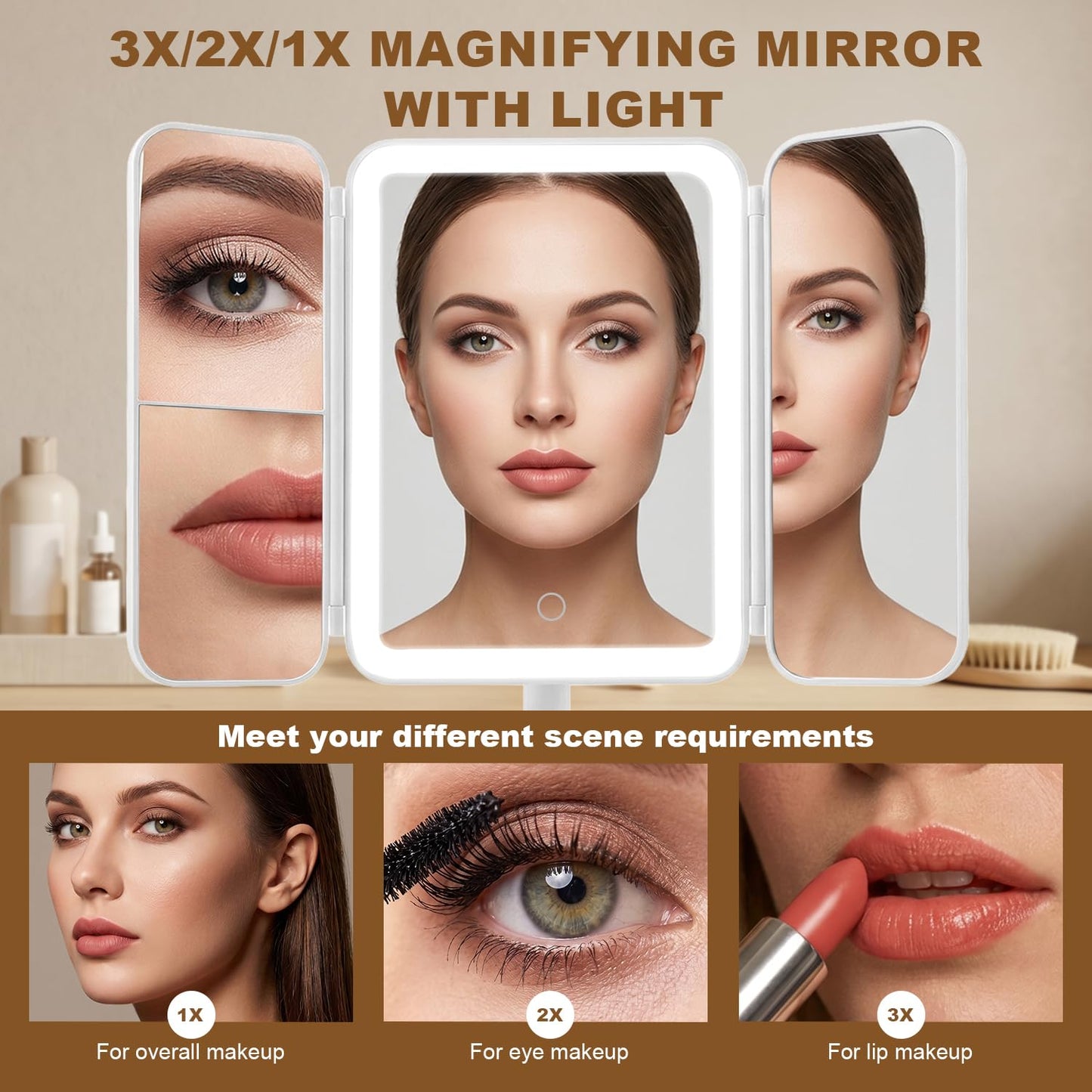 Hoxutym Makeup Mirror with Lights, 3000mAh 3X/2X/1X Magnification Vanity Mirror with Suction&Stand Base, 360° Adjustment Rechargeable Trifold Mirror for Travel/Bedroom/Dorm, Gifts for Women, Girls