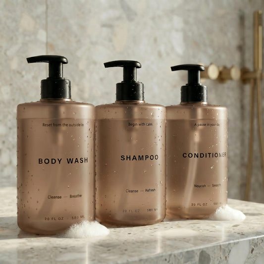 Stylish Shampoo and Conditioner Dispenser Set of 3 - Modern 20oz Shower Soap Bottles with Pump and Labels - Easy to Refill Body Wash Dispensers for an Instant Bathroom Decor Upgrade