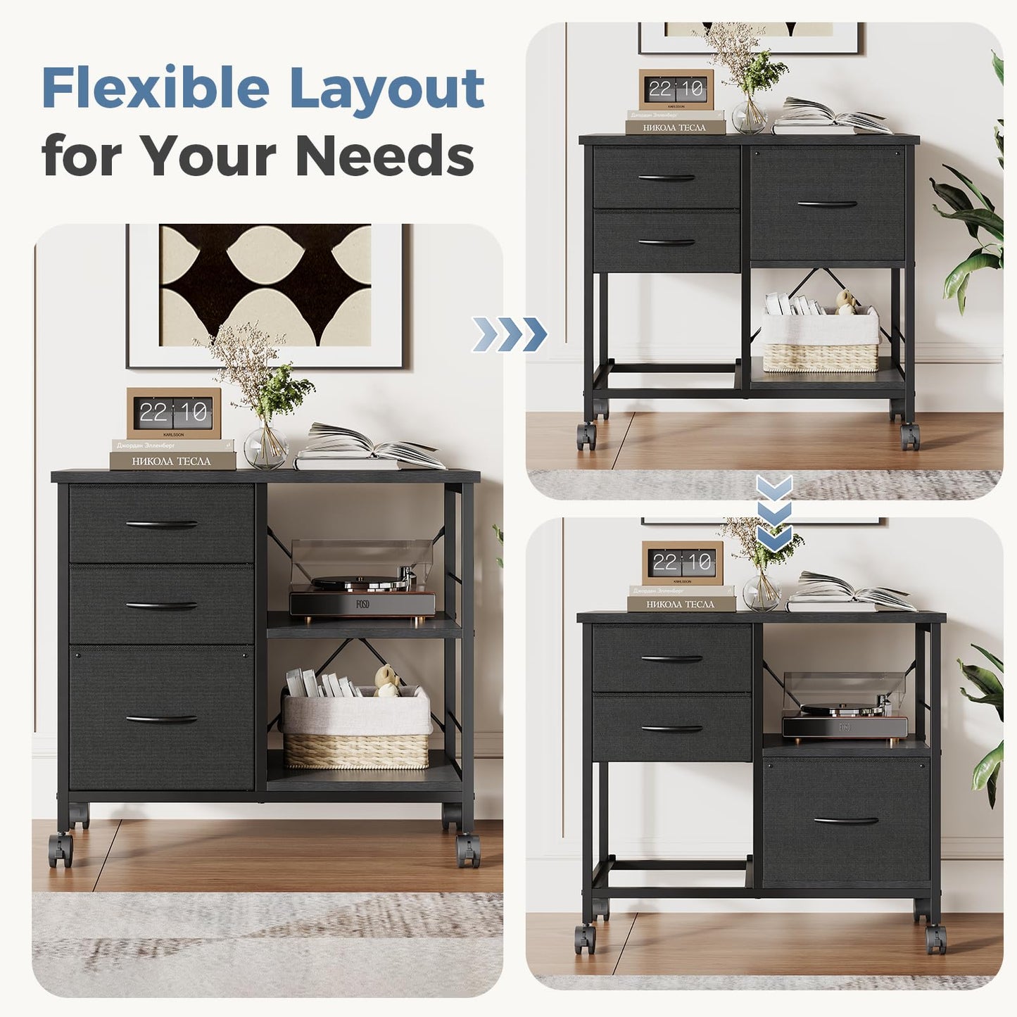 DUMOS 3-Tier Mobile File Cabinet, Printer Stand with Storage, Office Table with Drawers and Back Support Bar, Holds 110lbs for Home Office, Rustic Black