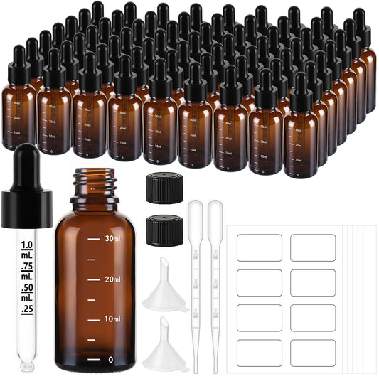 UPBUD 63 Pcs 1oz Amber Glass Dropper Bottles with Measurement, 30ml Leakproof Tincture Bottles with Funnels, Eye Droppers, Extra Caps & Labels, Refillable Empty Bottle for Tinctures, Essential Oils