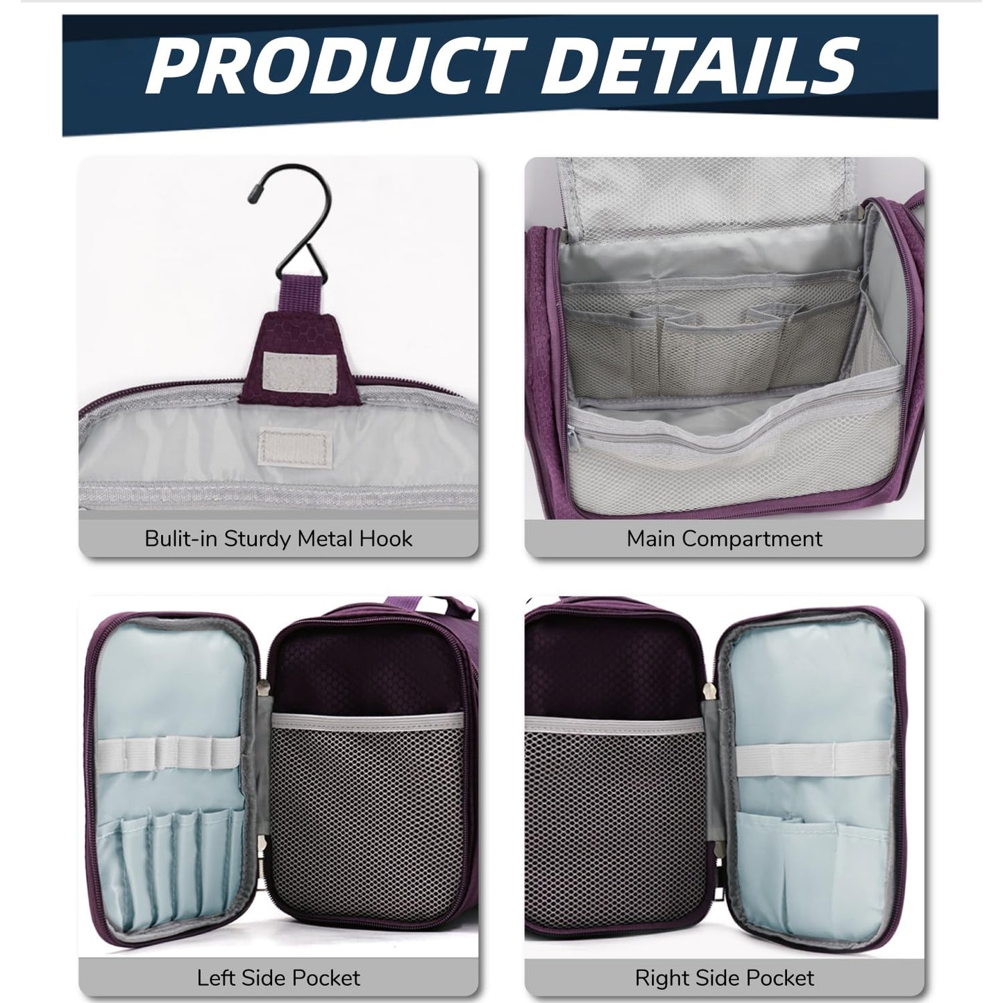 Buruis Hanging Toiletry Bag for Women and Men, Large Water-Resistant Makeup Organizer with Sturdy Hook, Lightweight Nylon Dopp Kit for Full-Sized Toiletries & Cosmetics, Purple