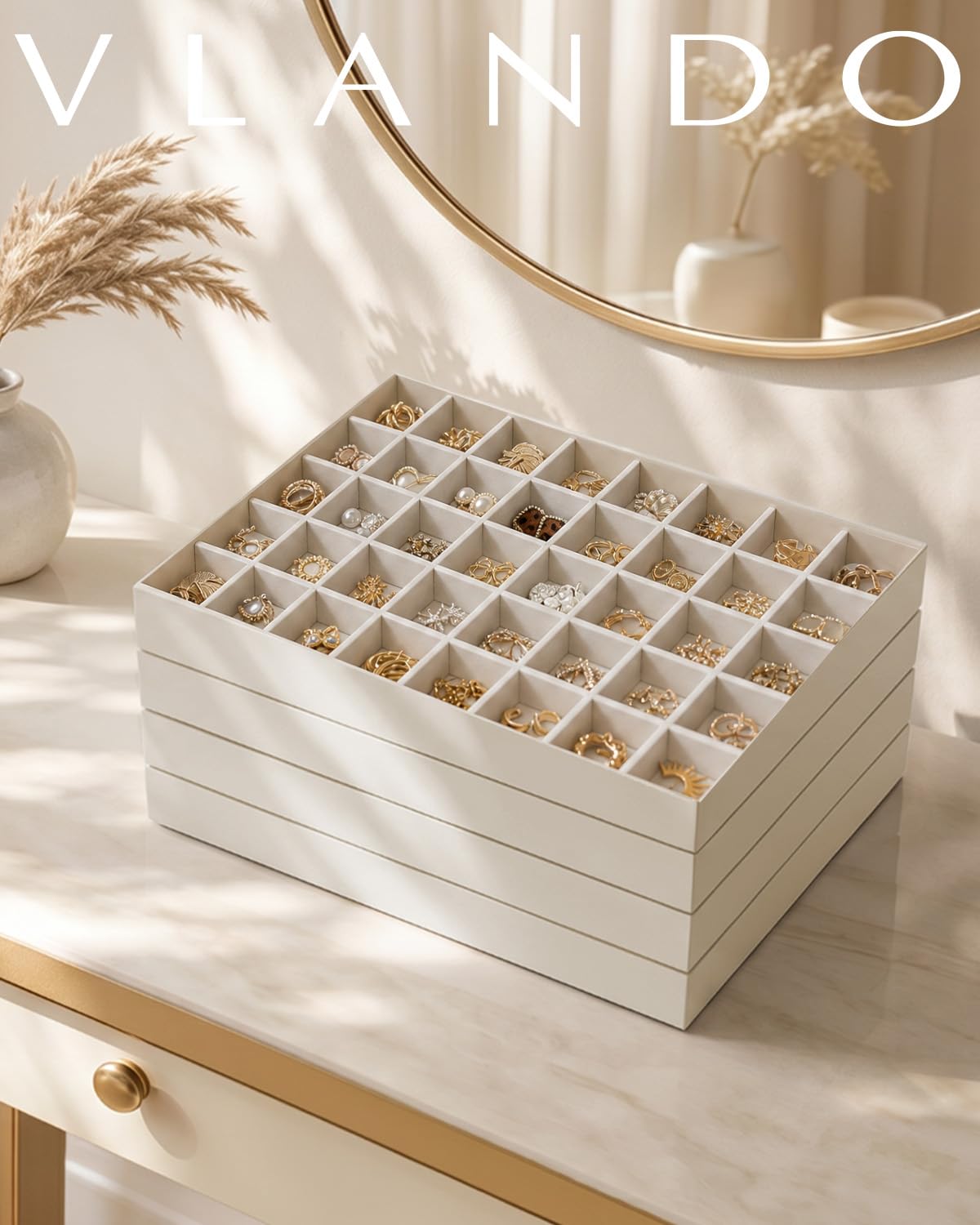 VLANDO Stackable Jewelry Tray, 40-Grid, Soft Velvet, Removable Dividers