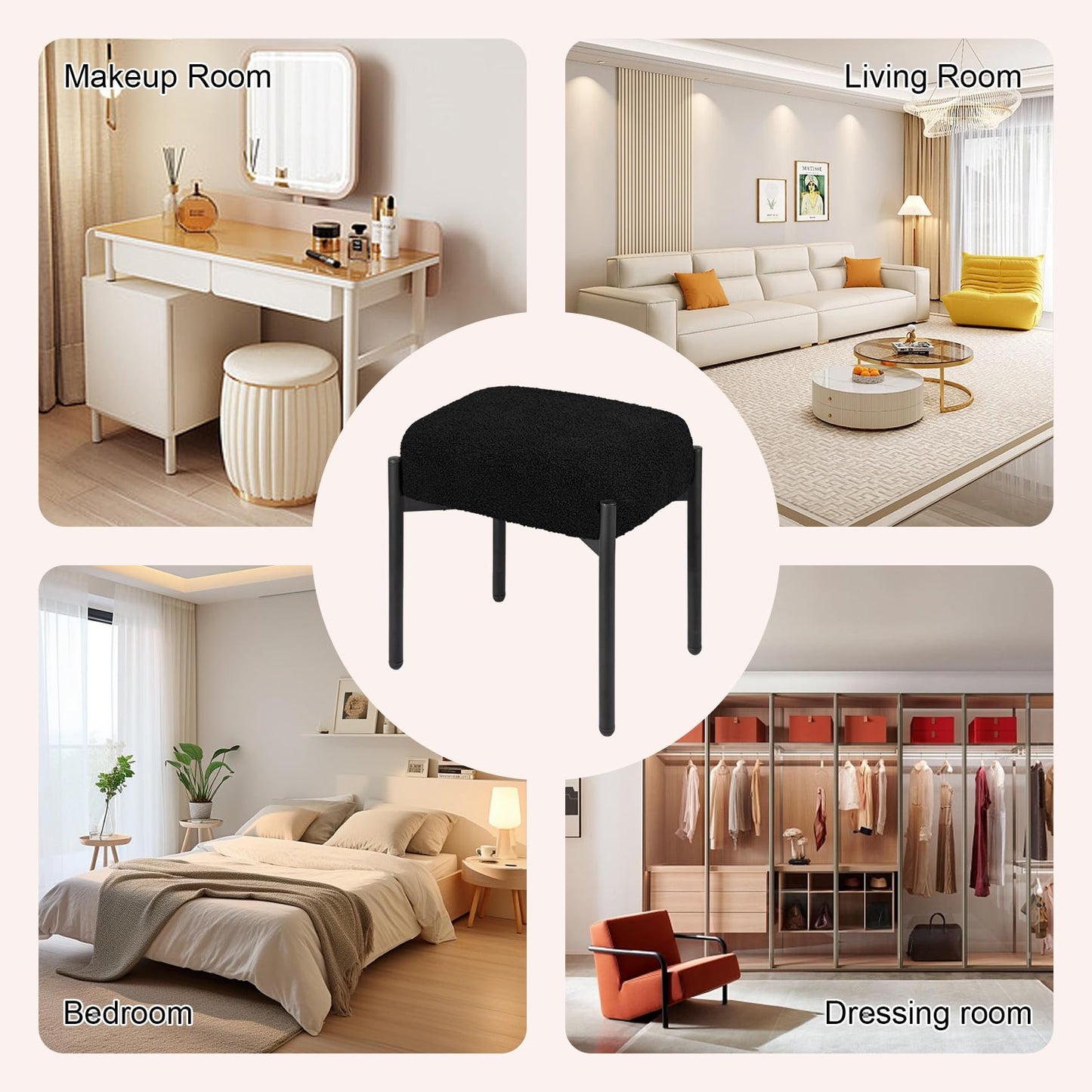 MOOWIND Vanity Stool Chair Faux Fur, 16.3"L x 12.8"W x 17.3"H Soft Ottoman, Makeup Chair Bench Furry Padded Seat with 4 Metal Legs, Footstool Multifunctional Chairs for Bedroom, Living Room, Black