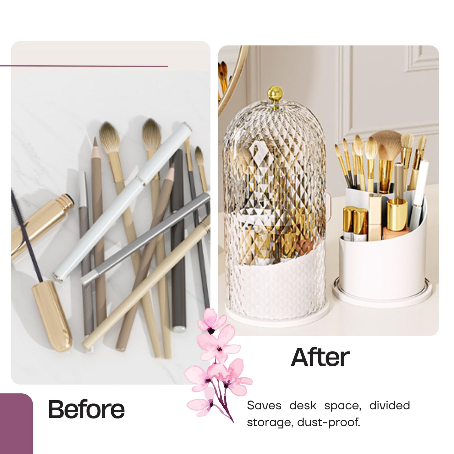 LEAFEEL LEFEEL Lumière Mini 360 Rotating Makeup Organizer with Lid, Diamond Cut Cosmetic Organizer - Dustproof Vanity Organizer for Makeup Brushes, Toothbrush & Bathroom Countertop （White
