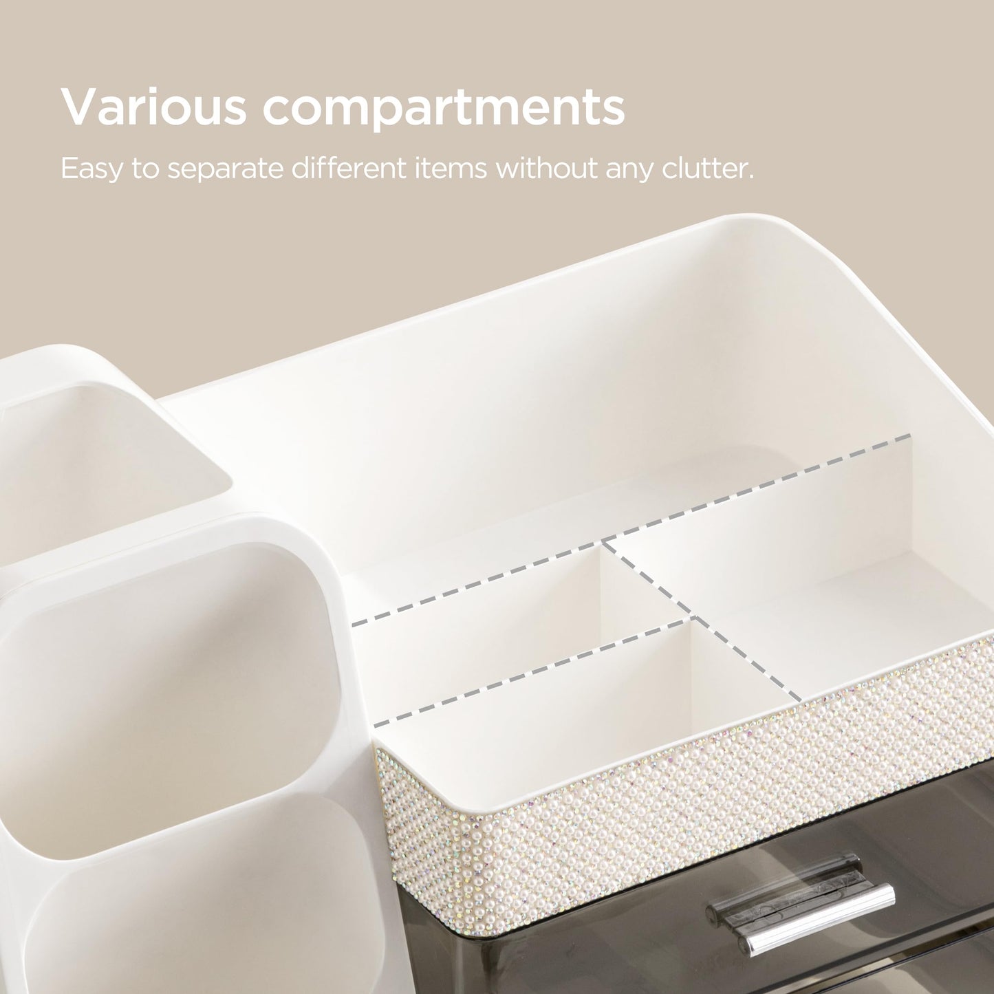 HBlife Makeup Organizer with Brush Holder for Vanity, Large Plastic Bathroom Countertop Organizer Skin Care Storage, Easy to Store Lipsticks, Nail Polishes, Perfumes, Eyeshadow Palettes, Pearl White