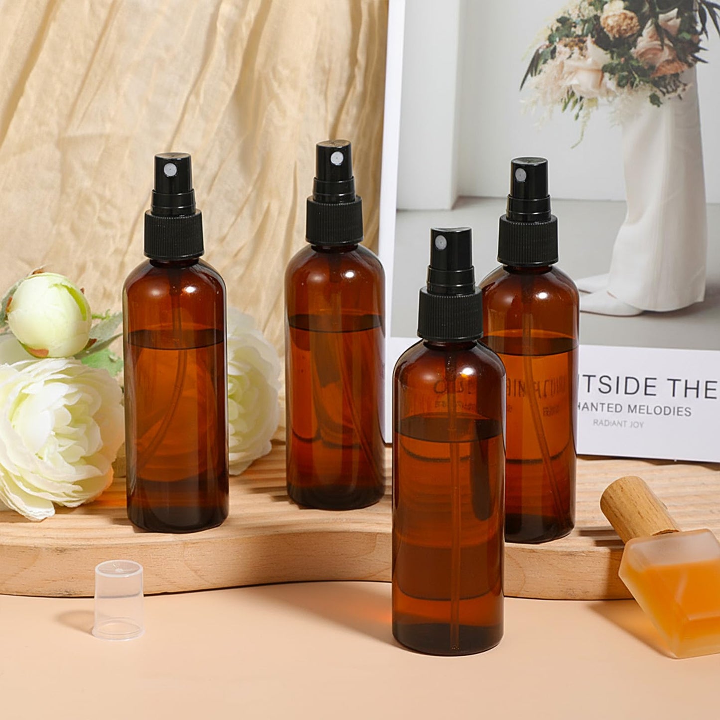 xozeooeu 60 Pack 4 Oz Amber Plastic Spray Bottles, Fine Mist Refillable Empty Travel Bottles for Essential Oils, Perfume, Toner & Cleaning Solutions