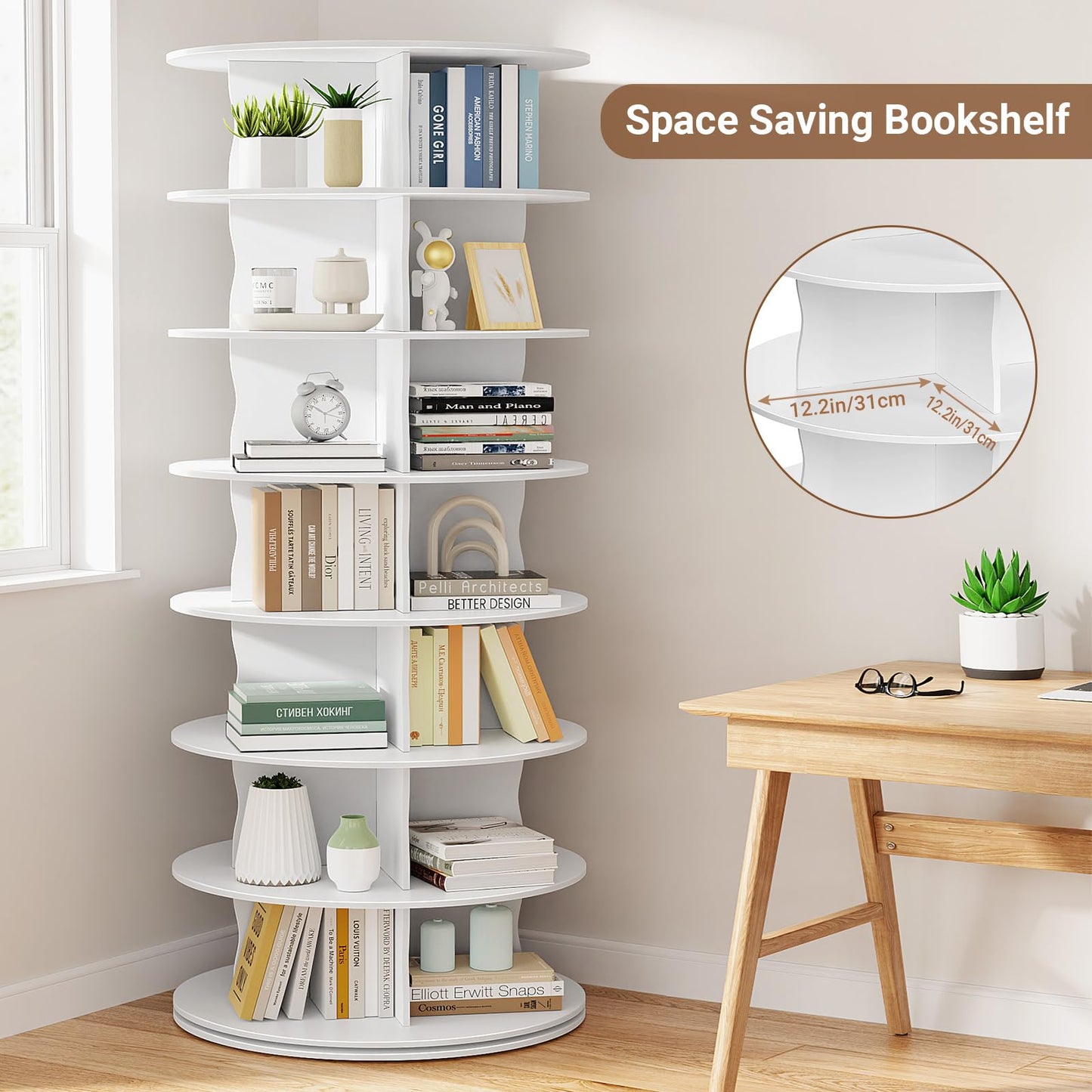 HOMETUK 5-Tier Rotating Standing Shelf Unit with Dividers, 360° Storage Display Tower Vertical Floor Organizer, for Bedroom, Closet, Entryway & Office, Ideal for Shoes, Cosmetics & Handbags, White