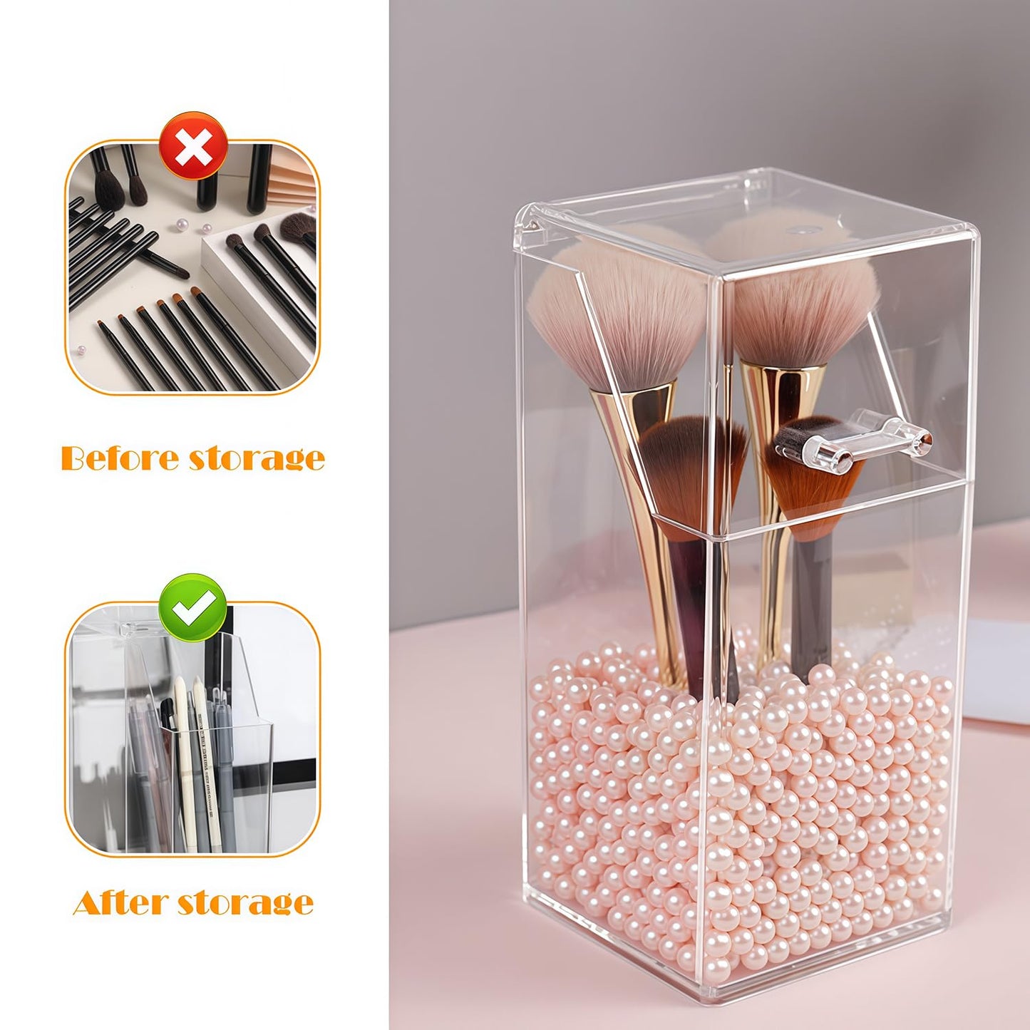 SYBL Square Acrylic Cosmetic Brush Organizer with Dustproof Lid, Clear, 9x9x21cm/3.5x3.5x8.3inch, 1pcs, Makeup Storage, Jewellery Storage Container