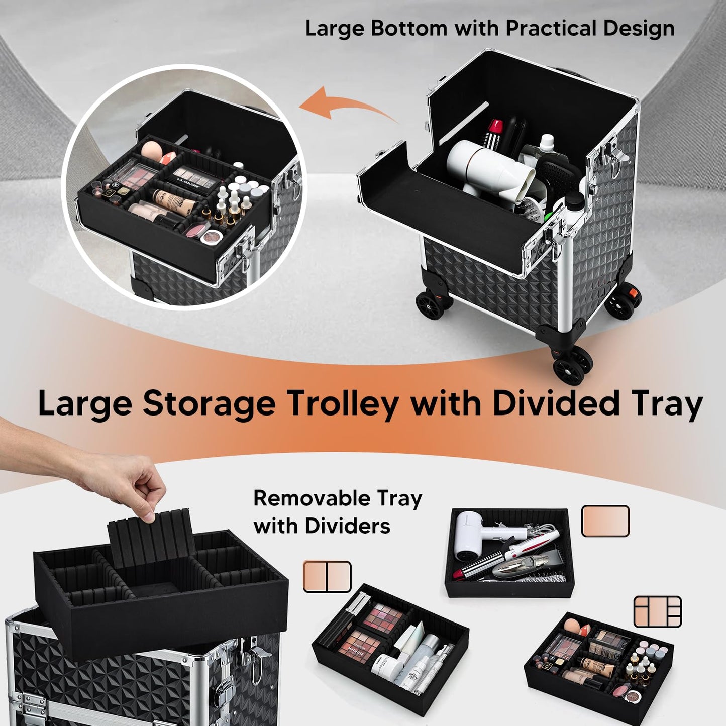 Professional Rolling Makeup Case, 3 in 1 Makeup Train Case, Cosmetology Case on Wheels, Large Makeup Trolley Salon Barber Traveling Trunk Suitcase for Makeup School Nail Tech Hairstylist MUA, Black