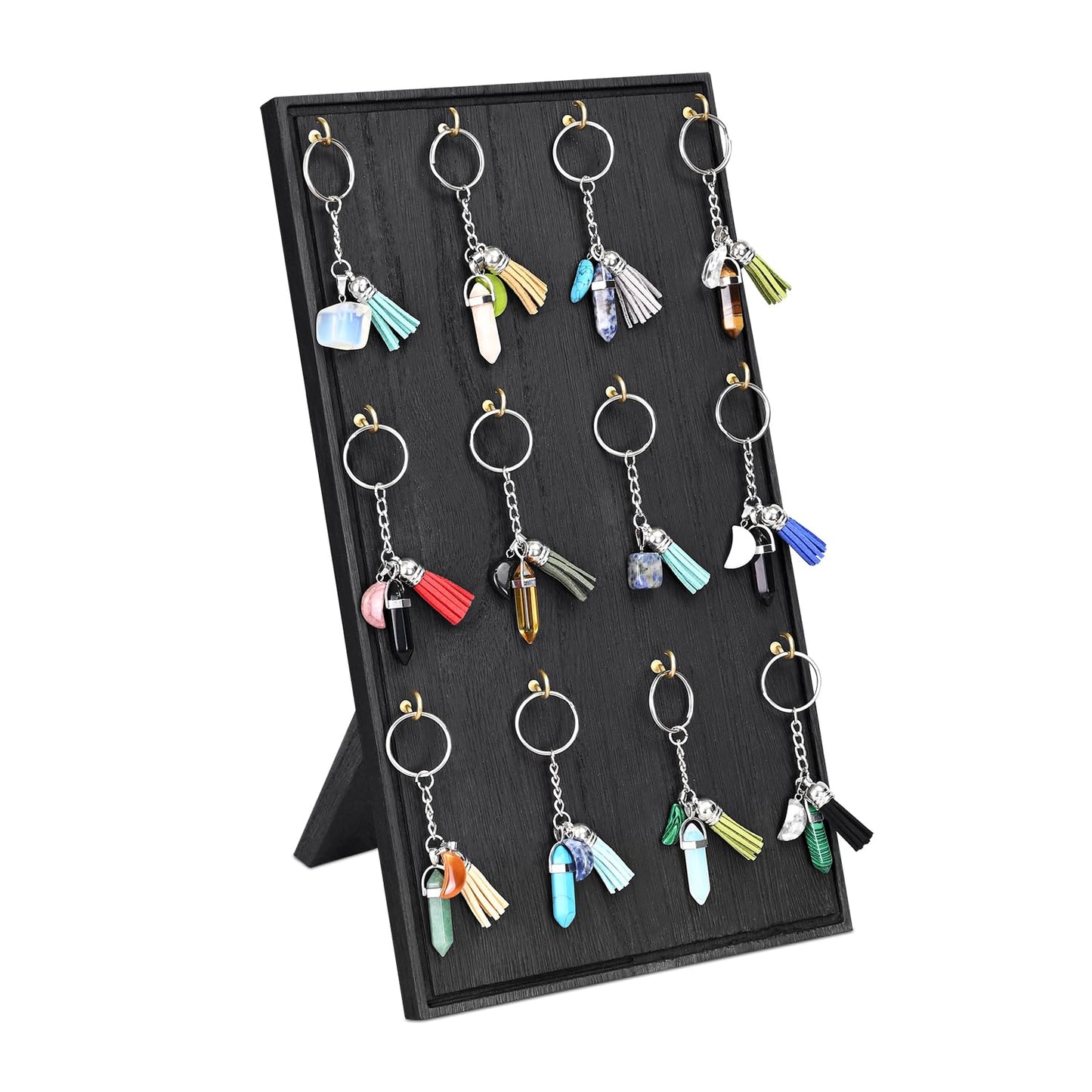 Ikee Design Wooden Jewelry Display Stand with 12 hooks, Earring Display with Hooks, Bracelet, Earring, Keychain Stand for Selling,7.8W x 7.8D x 15.9H in, Black Color