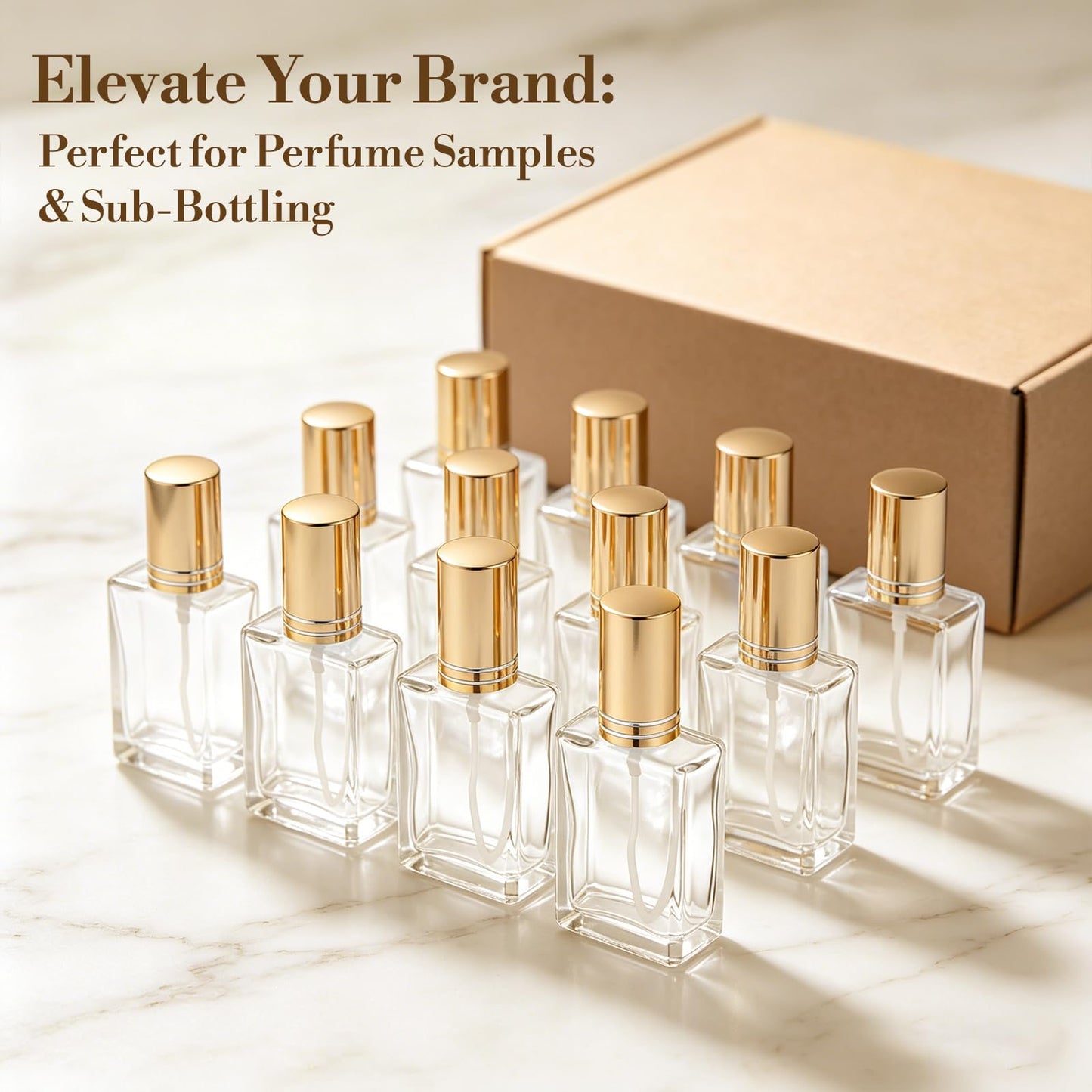 Fanuk 15ml Glass Perfume Bottle Bulk, 50 Pcs Empty Refillable Spray Atomizer with Funnels & Droppers, Gold Mini Travel Dispenser for DIY Gifts