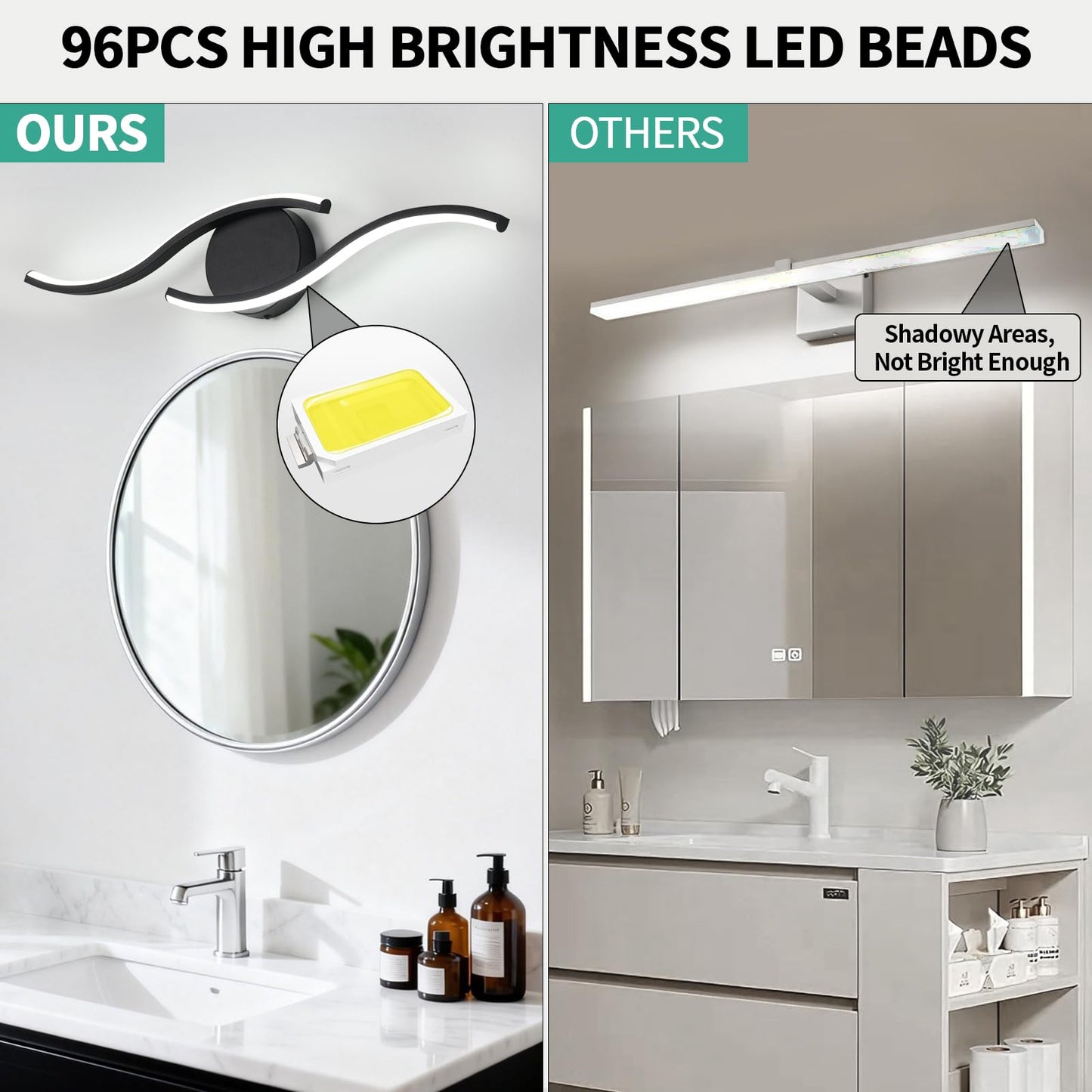 Black Bathroom Light Fixtures Over Mirror, 24 Inch Modern Bathroom Vanity Light Bar 96 LED Beads, 1300LM Brightness 5 Color, Vanity Lighting Fixture for Bathroom, Led Bathroom Sconces, UL & FCC Cert.