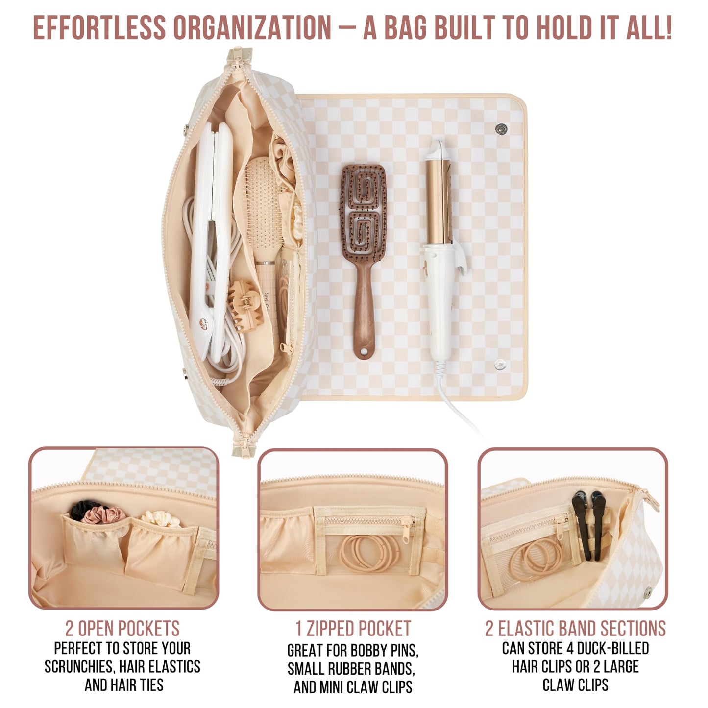 BAREFOOT CARIBOU Hair Tools Travel Bag and Heat Resistant Mat (15.5") for Flat Irons, Straighteners, Curling Iron,and Haircare Accessories, 2-in-1 design, Interior Pockets, Organizer (Checkered Peach)