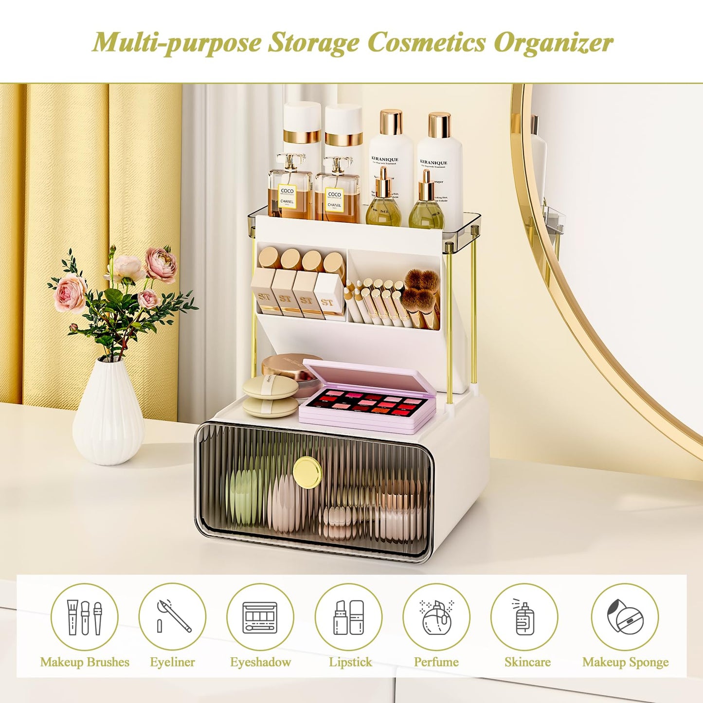 FOLLOWIN Bathroom Counter Organizers and Storage with Drawer, Cosmetic Organizer with Make Up Brush Holder, Perfume Makeup Shelf, 3-Tier Vanity Storage, Smoke Gray