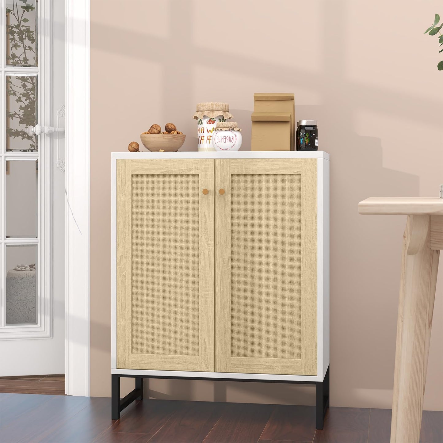 Panana Rattan Decorated 2 Doors Storage Cabinet Accent Cabinet Living Room Cupboard Kitchen Sideboard Buffet Table (White)