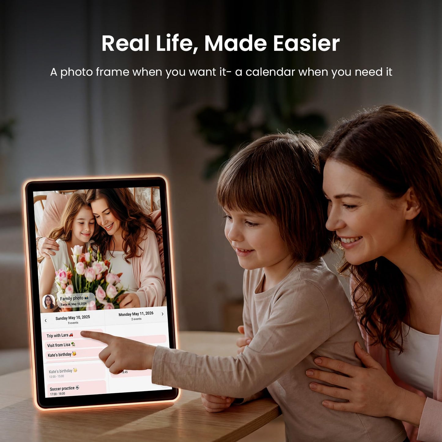ApoloSign Neon Light Digital Picture Frame, Desk Digital Calendar, Auto-synced Schedule via Frameo App - 10.1" HD Touchscreen | AI Color-Changing LED | Share Photo/Video Instantly | Gift for Parents