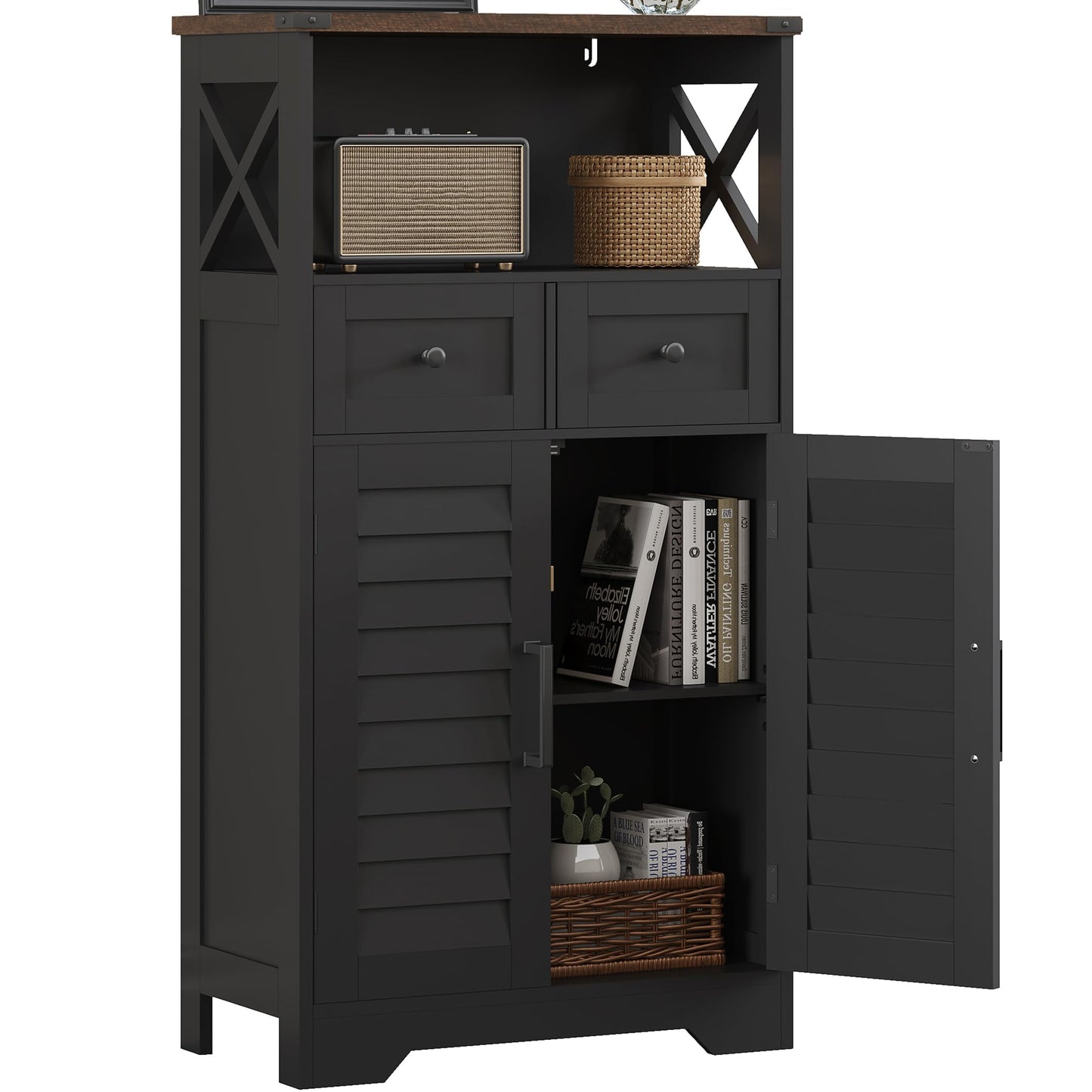 ChooChoo Farmhouse Storage Cabinet, Bathroom Floor Cabinet with Doors and Drawers, Kitchen Pantry Cabinet for Living Room, Laundry, Black