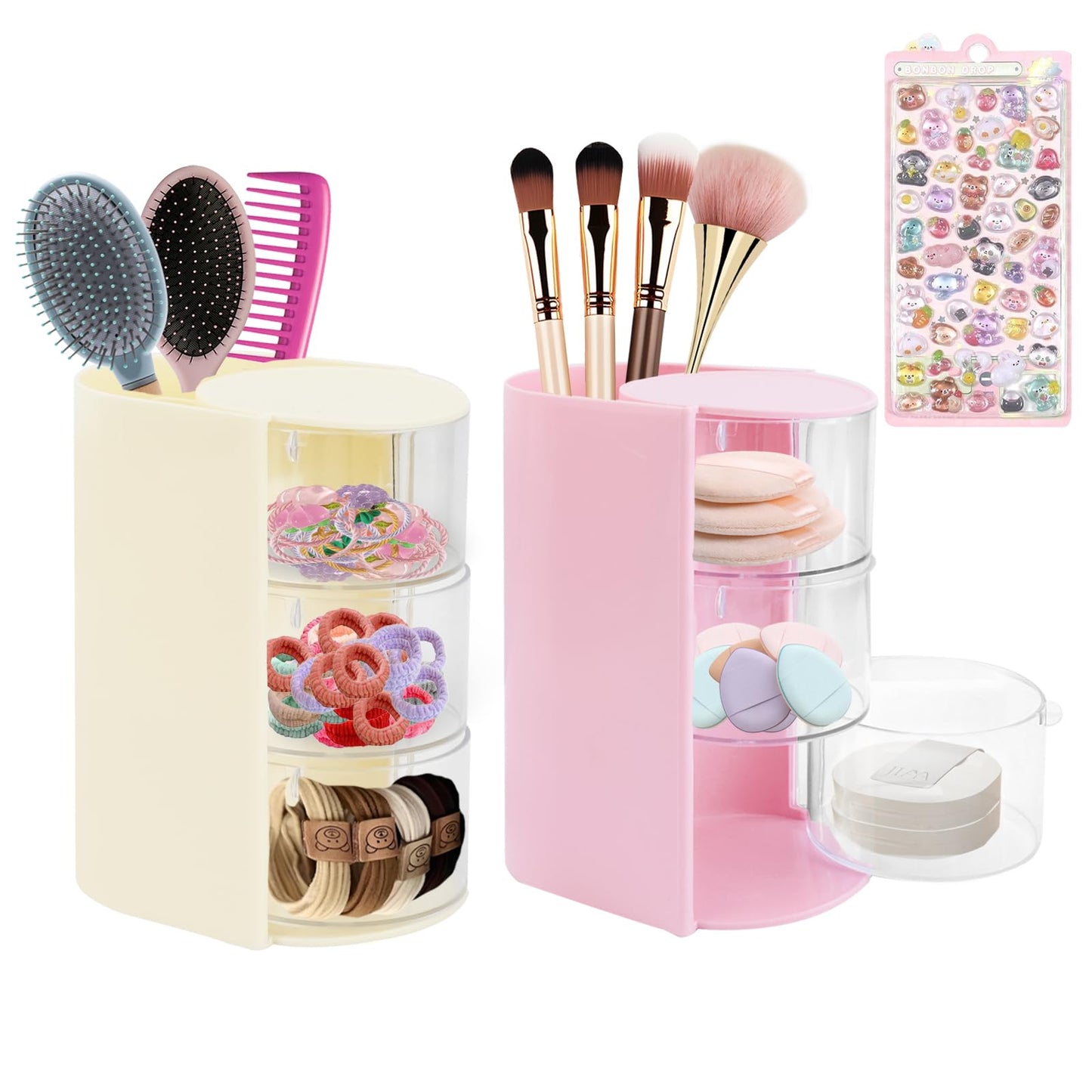 SHAIDOJIO 2Pack Hair Accessories Organizer with Hair Brushes Holder, 3-Tier Rotatable Drawer Makeup Brush Holder Small Jewelry Box with Sticker, Desktop Organizer Case for Girl Clip Earring Necklaces