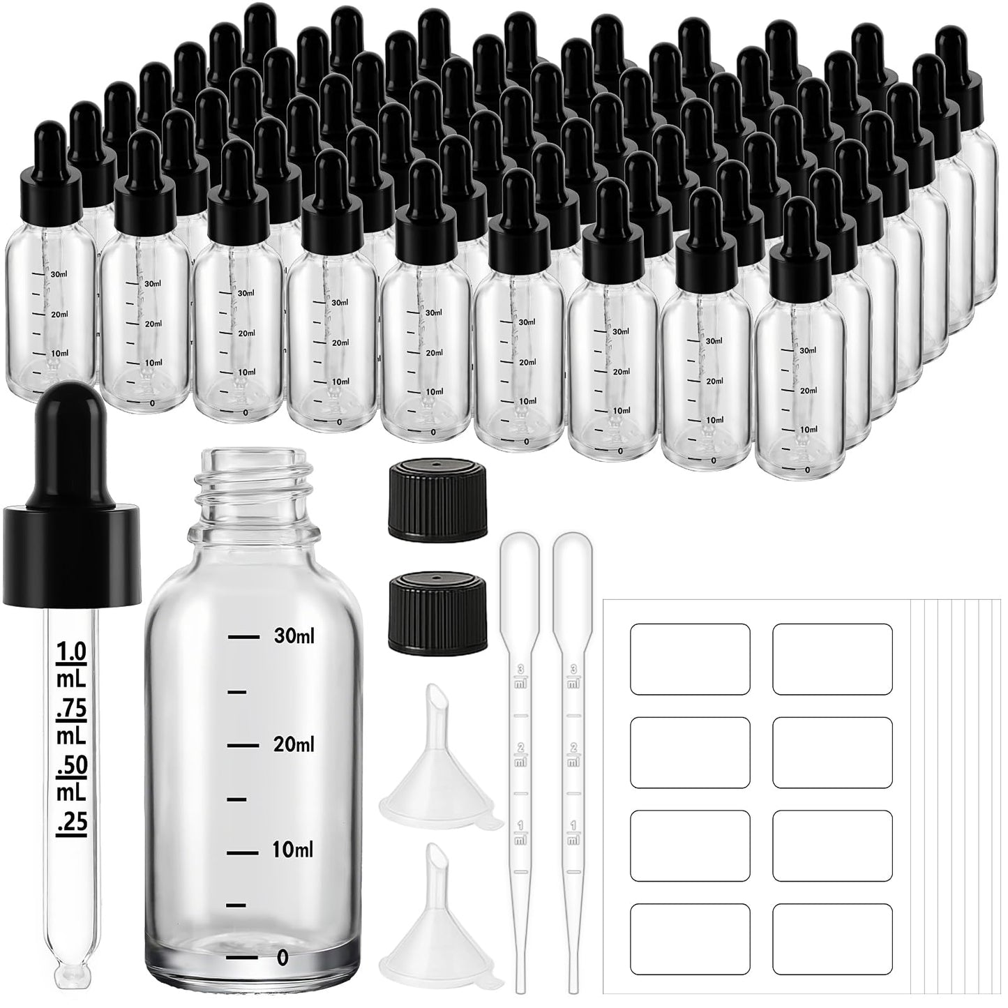 UPBUD 63 Pcs 1oz Clear Glass Dropper Bottles with Measurement, 30ml Leakproof Tincture Bottles with Funnels, Eye Droppers, Extra Caps & Labels, Refillable Empty Bottle for Tinctures, Essential Oils