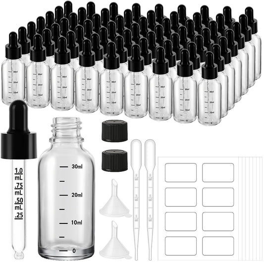 UPBUD 63 Pcs 1oz Clear Glass Dropper Bottles with Measurement, 30ml Leakproof Tincture Bottles with Funnels, Eye Droppers, Extra Caps & Labels, Refillable Empty Bottle for Tinctures, Essential Oils