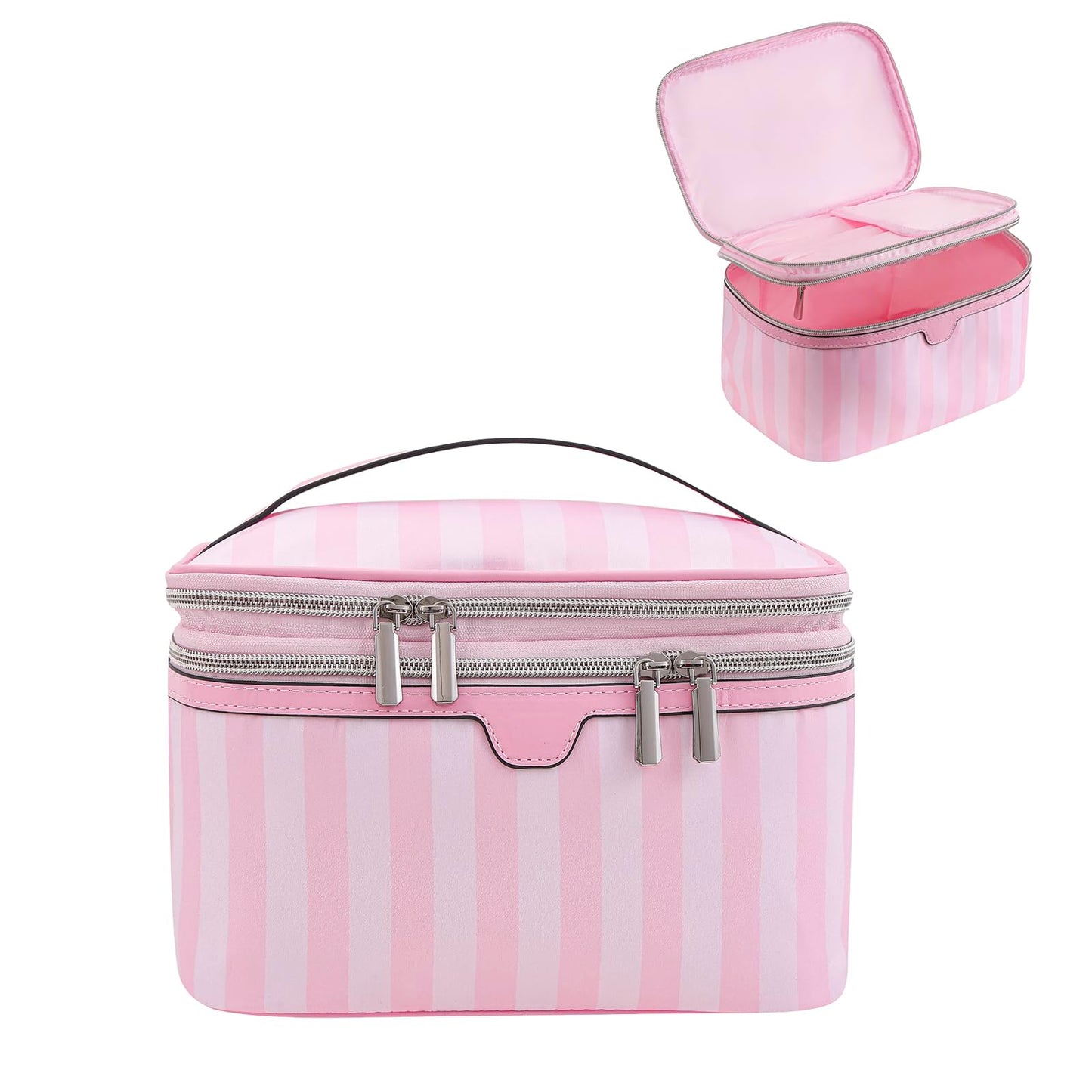 RSRSLEII Large Waterproof Double Layer Travel Makeup Bag, Aesthetic Nylon Striped Cosmetic Case，Coquette Traveling Toiletry Bag With Handle，Ideal for Women and Girls(01Top Open)
