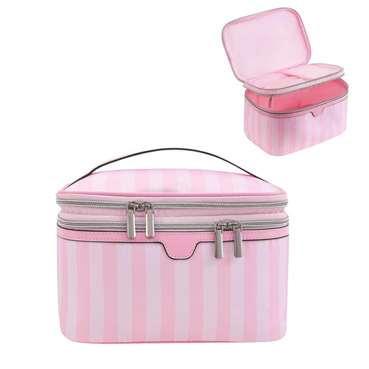 RSRSLEII Large Waterproof Double Layer Travel Makeup Bag, Aesthetic Nylon Striped Cosmetic Case，Coquette Traveling Toiletry Bag With Handle，Ideal for Women and Girls(01Top Open)