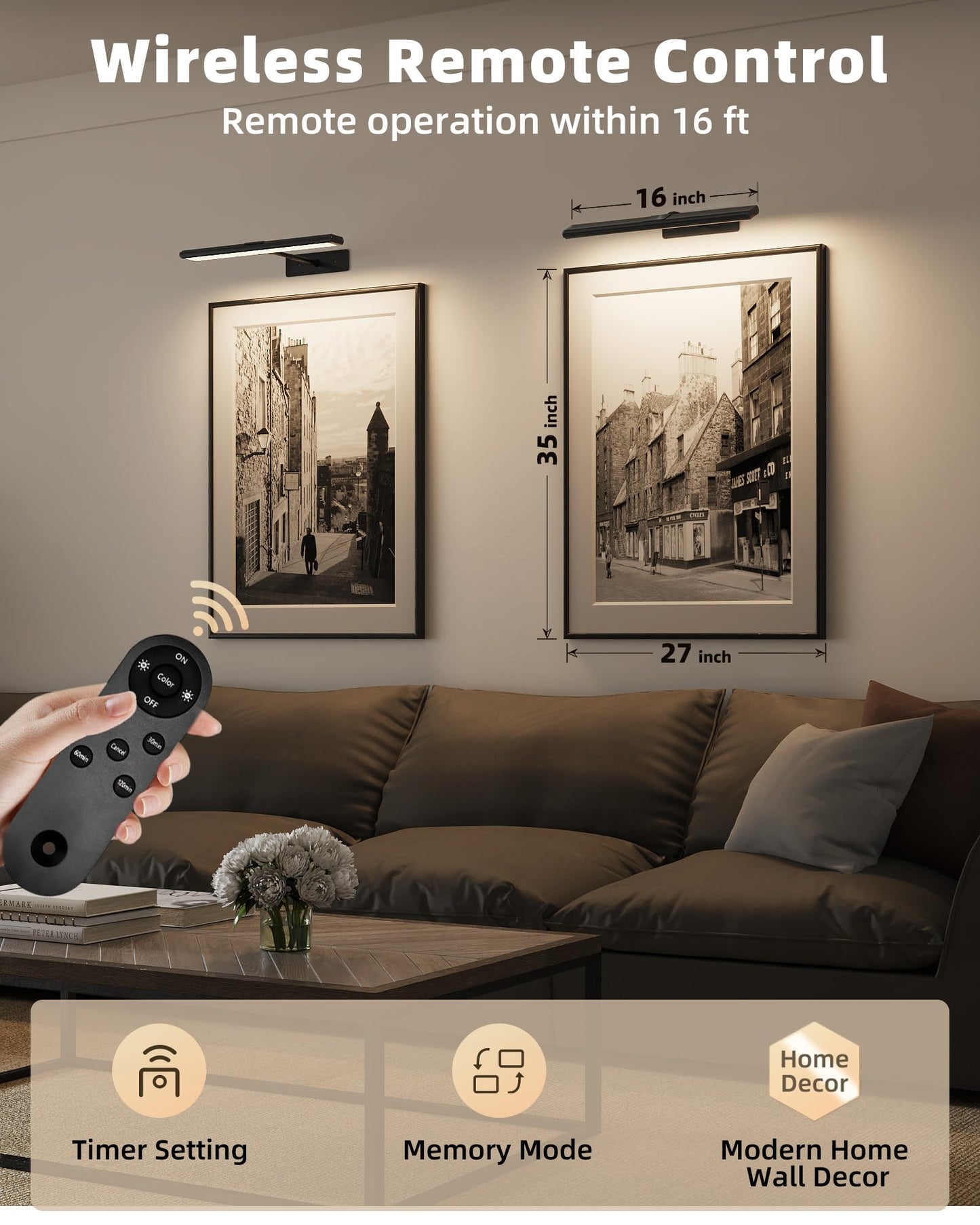 EZVALO Picture Light for Wall, 4800mAh 16'' Rechargeable Wireless IR Remote Built in Battery Lights for Painting, Dimmable Magnetic LED Art Display Light, Colors Temperatures, for Gallery, Living Room