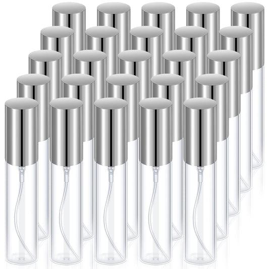 Yinder 25 Pcs 10ml Travel Spray Bottle Refillable Perfume Atomizer Bulk Glass Mini Cologne Perfume Bottles Empty Fine Mist Portable Small Sample Containers(Silver)