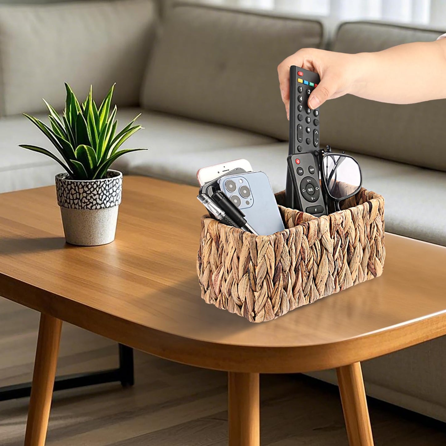 BTSKY Handwoven Remote Control Holder for Table, Natural Water Hyacinth Remote Organizer Caddy Small Wicker Storage Basket, 2-Compartment Office Supplies Desk Organizer Rustic Makeup Brushes Holder