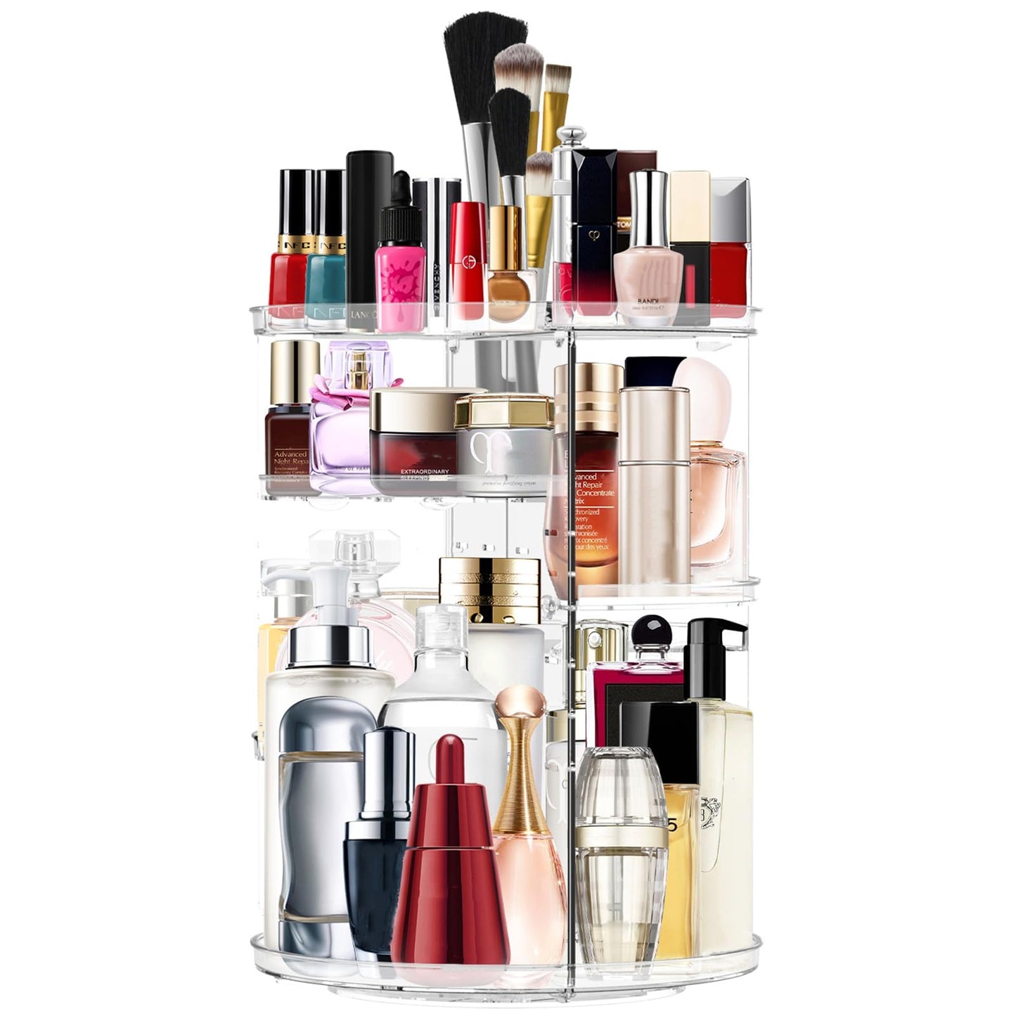 Makeup Organizer 360 Degree Rotating Cosmetic Organizer DIY Adjustable Makeup Carousel Spinning Holder Rack, Large Capacity Cosmetic Storage Box Makeup Brushes Organizer for Vanity Countertop (Clear)