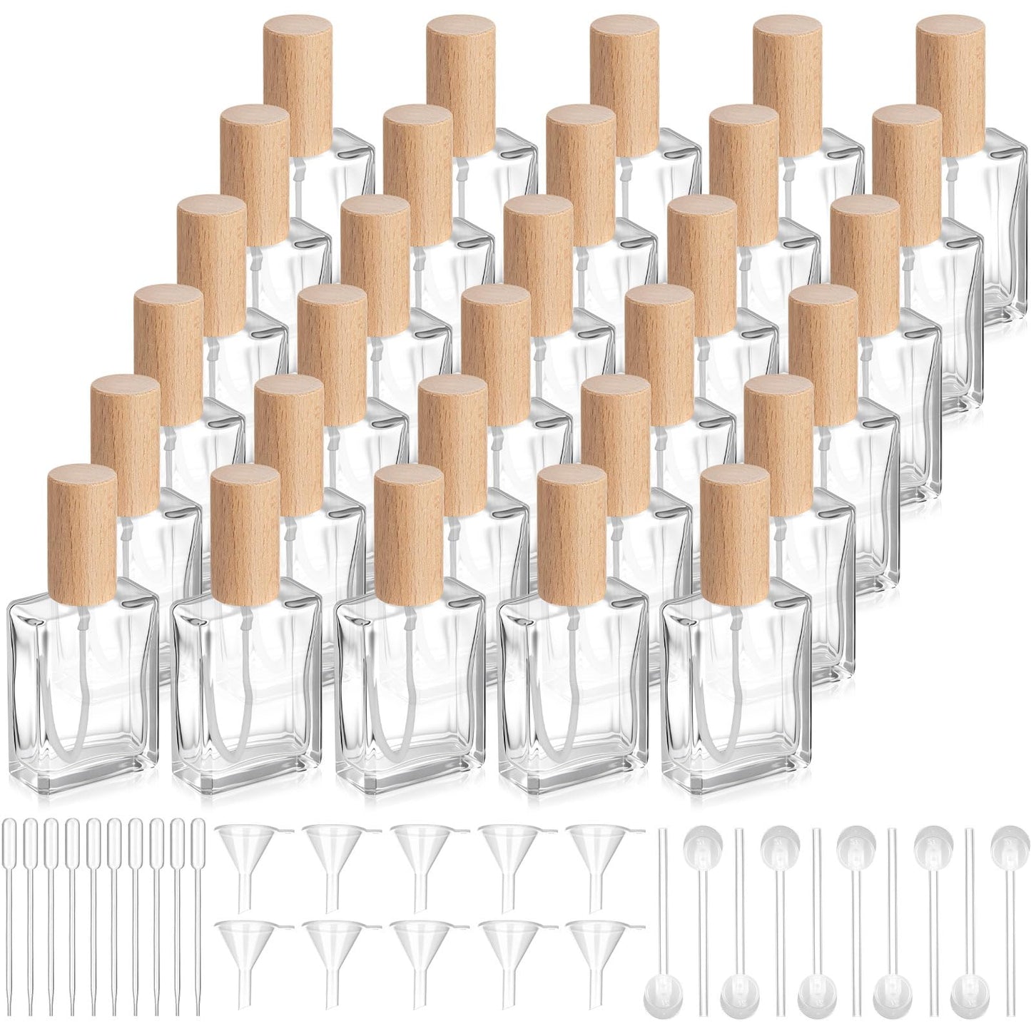 Domensi 30 Pcs 10/15/30/50 ml Glass Square Perfume Bottles Mini Glass Empty Spray Atomizer Bottles Bulk Refillable Perfume Dispenser Container with Pump Tool for Travel (15 ml,Light Woddy Color)