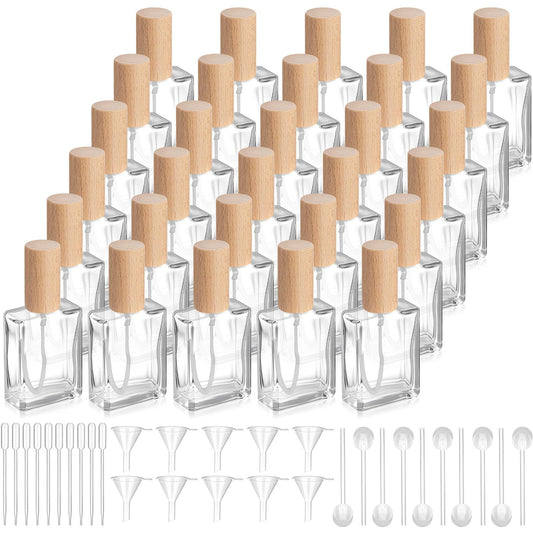 Domensi 30 Pcs 10/15/30/50 ml Glass Square Perfume Bottles Mini Glass Empty Spray Atomizer Bottles Bulk Refillable Perfume Dispenser Container with Pump Tool for Travel (15 ml,Light Woddy Color)
