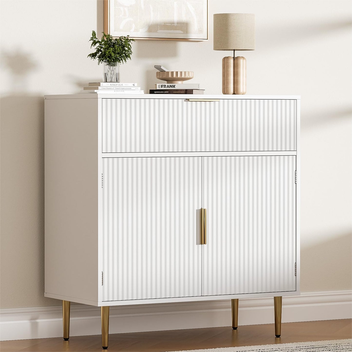 Housoul Coffee Bar Cabinet with 2 Doors & Drawer, Sideboard Buffet with Adjustable Shelves, Accent Liquor Cabinet with Storage, Console Table for Living Dining Room, White