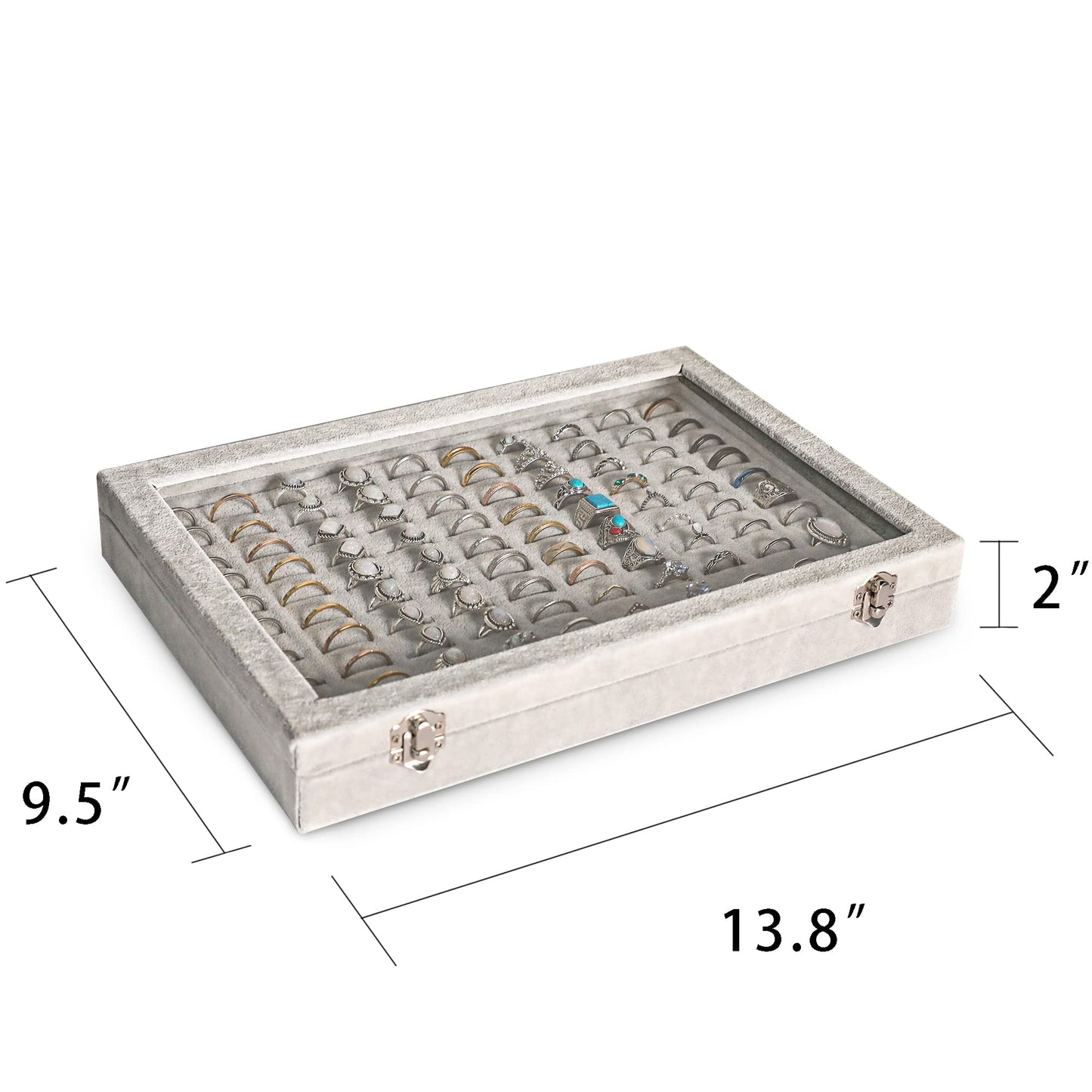 Frebeauty Ring Organizer Tray 100 Slots Ring Holder with Clear Lid Velvet Storage Box Jewelry Tray for Jewelry Store Earring Display Case for Jewelry Show Studs Box for Women(Grey)