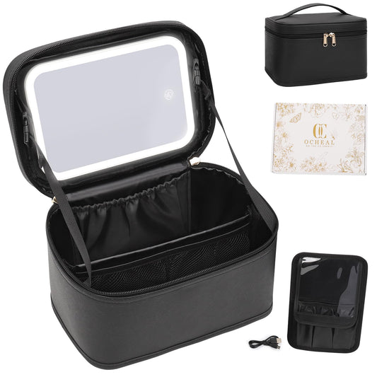 Makeup Bag With LED Mirror, Lightweight Travel Makeup Bag With 3 Color Setting Light Up Mirror Cosmetic Makeup Organizer Vanity Case for Women Beauty Tools Accessories Rechargeable Train Case-Black