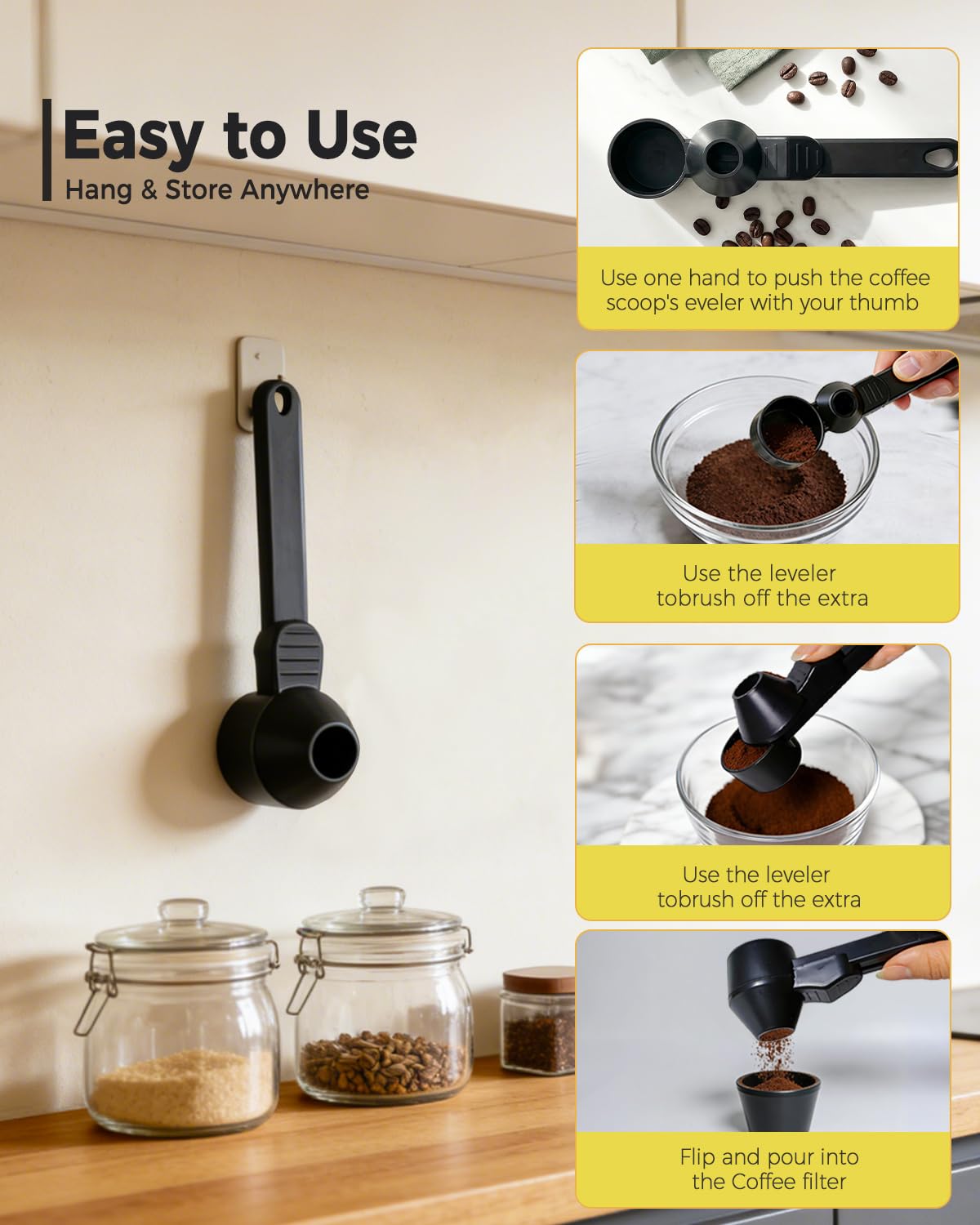 2 TBSP No‑Spill Coffee Scoop with Funnel, Mess‑Free Measuring Spoon for Ground Coffee, Protein Powder & Tea, Reusable Coffee Pod Refill, Equipped with Cleaning Brush, Black, 2 Pack