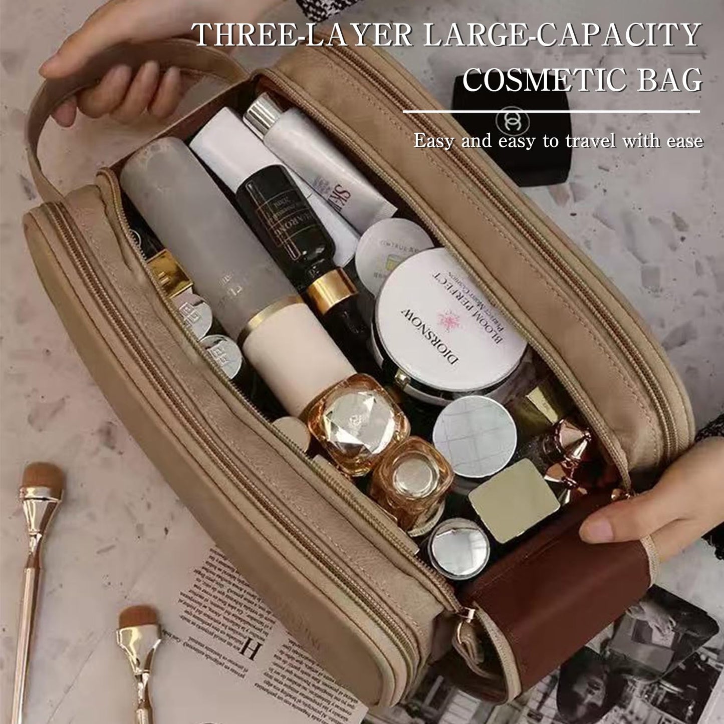 Cozomga 3 - Layer Large - Capacity Makeup Cosmetic Toiletry Bag with Double Zippers & Wide Opening, Portable Travel Organizer for Cosmetics & Toiletries-Light Brown