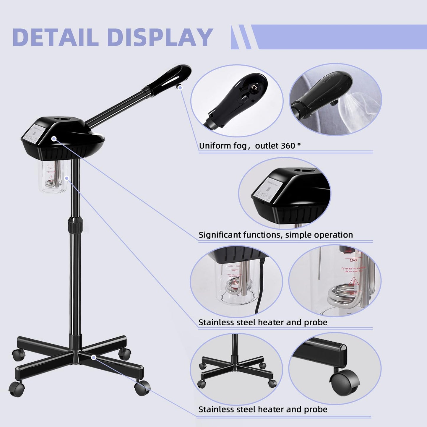 Professional Facial Steamer with More Steam for Deep Cleansing and Hydration, Face Steamer on Wheels with Time Setting, Estheticians Steamer Adjustable Height for Beauty, Spa and Home Use（Black）