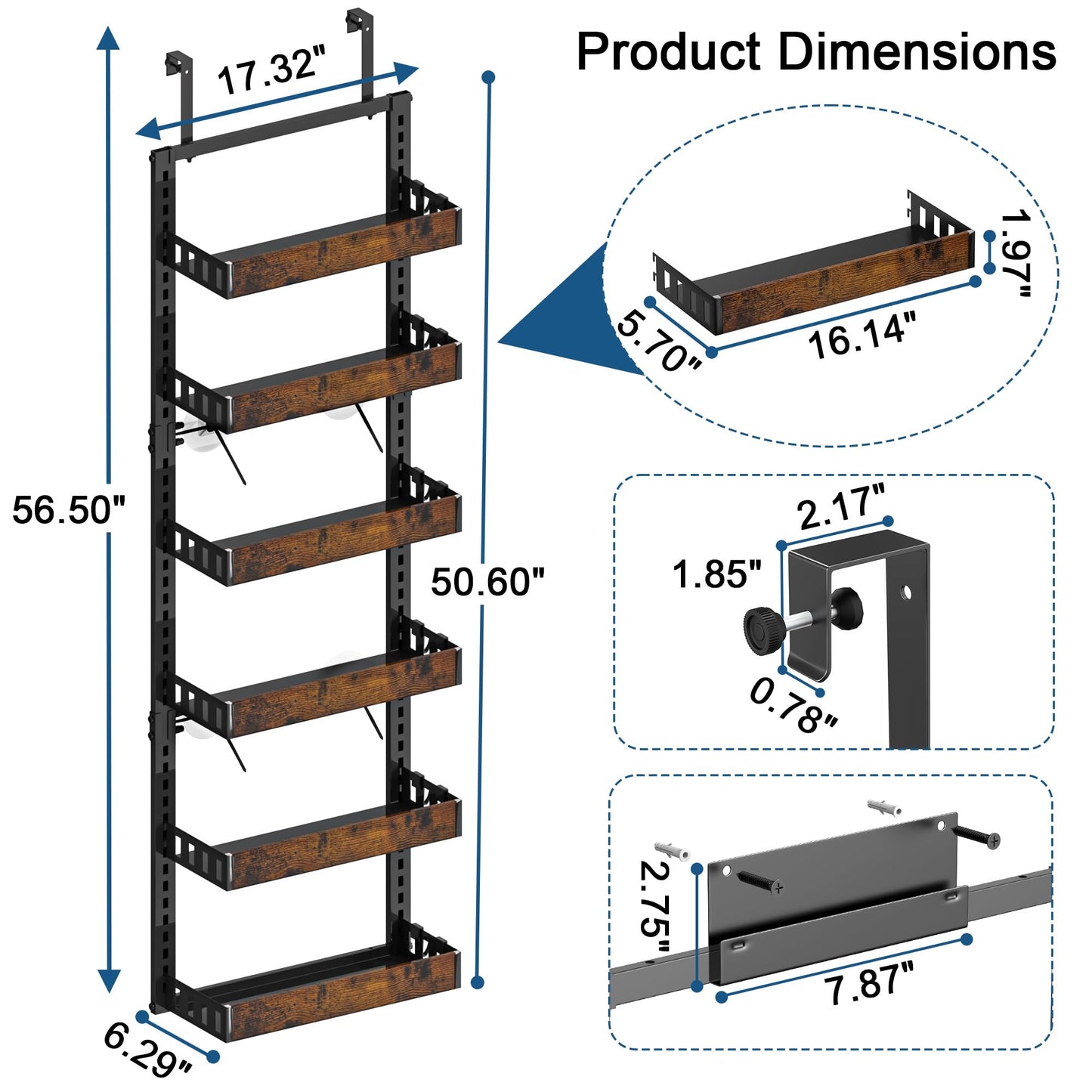 BUKFEN 6-Tier Over the Door Pantry Organizer, 2-in-1 Door Hanging or Wall Mounted Spice Rack with Adjustable Wooden Baskets, Heavy Duty Metal Storage Shelf, 12 Hooks for Kitchen, Bathroom, Closet