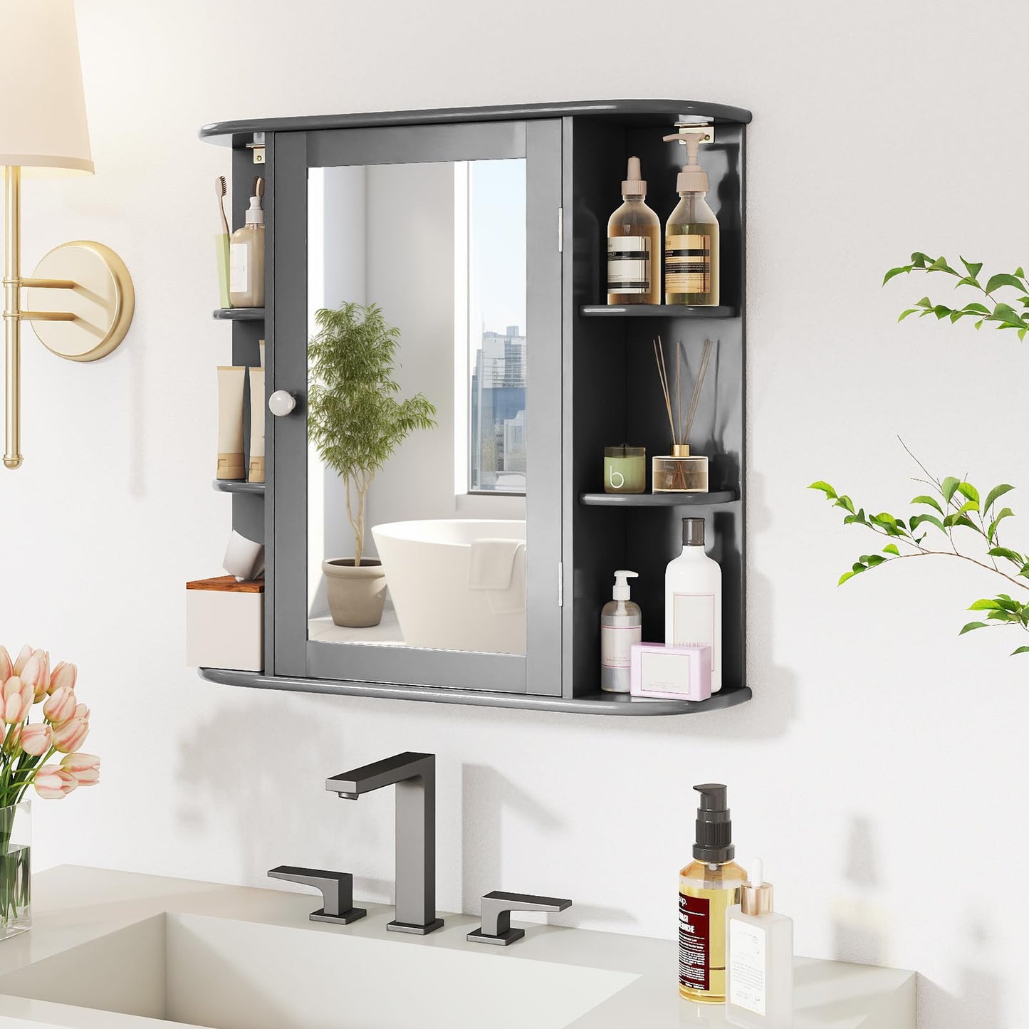 Tangkula Bathroom Wall Cabinet with Mirror, Modern Medicine Cabinet with Mirrored Door, 4 Internal Shelves & 6 Side Open Shelves, Wall Mounted Space-Saving Storage Organizer