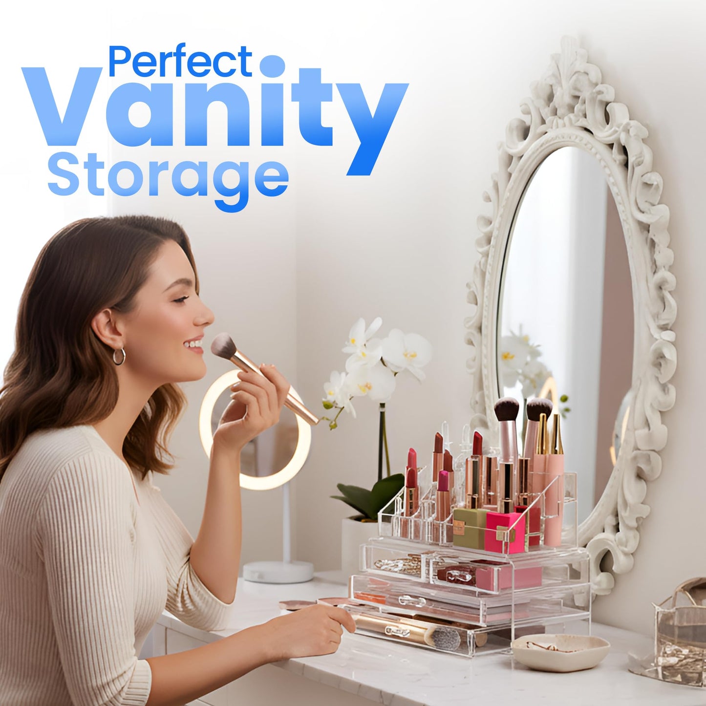 Masirs Clear Makeup Organizer - 16-Compartment Cosmetic and Jewelry Holder with 4 Drawers - Vanity Storage Box for Makeup, Skincare, Accessories, and Jewelry Display