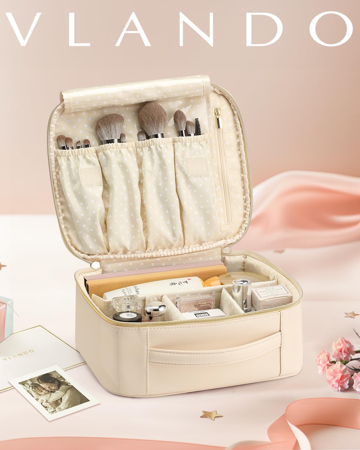 VLANDO Travel Makeup Bag, Makeup Bag Organizer,Gift Ideas for Women Girls,Makeup Storgae Bag with Dividers and Handle,Gifts for Christmas,Birthday,Wedding Beige