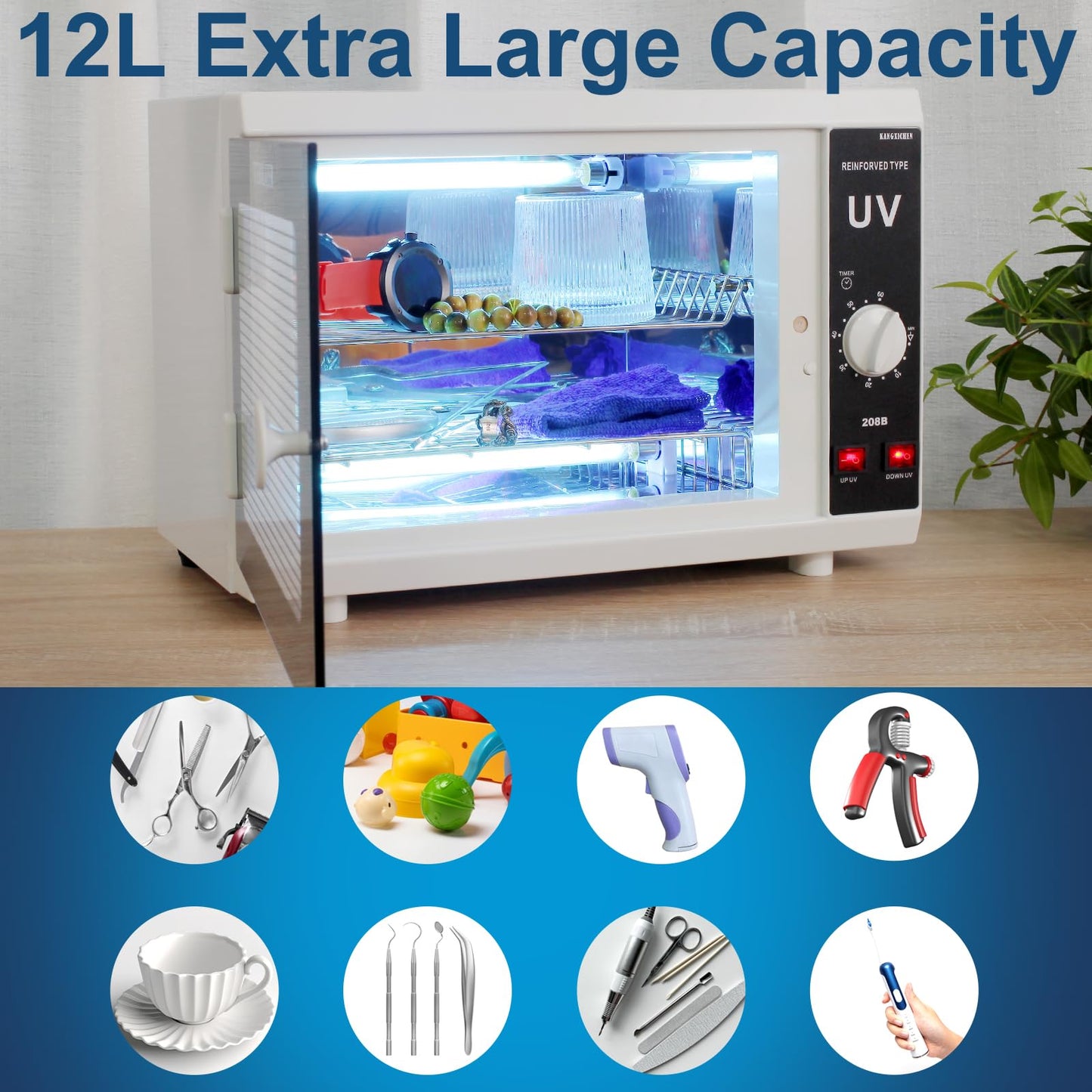 [𝟮 𝗨𝗹𝘁𝗿𝗮𝘃𝗶𝗼𝗹𝗲𝘁 𝗟𝗶𝗴𝗵𝘁𝘀] 12L Extra-Large Box UV Light Nail Tool Cleaning Machine, Dual UVC Lamps System Cabinet with Timer Setting for Salon, Spa, Beauty and Barber