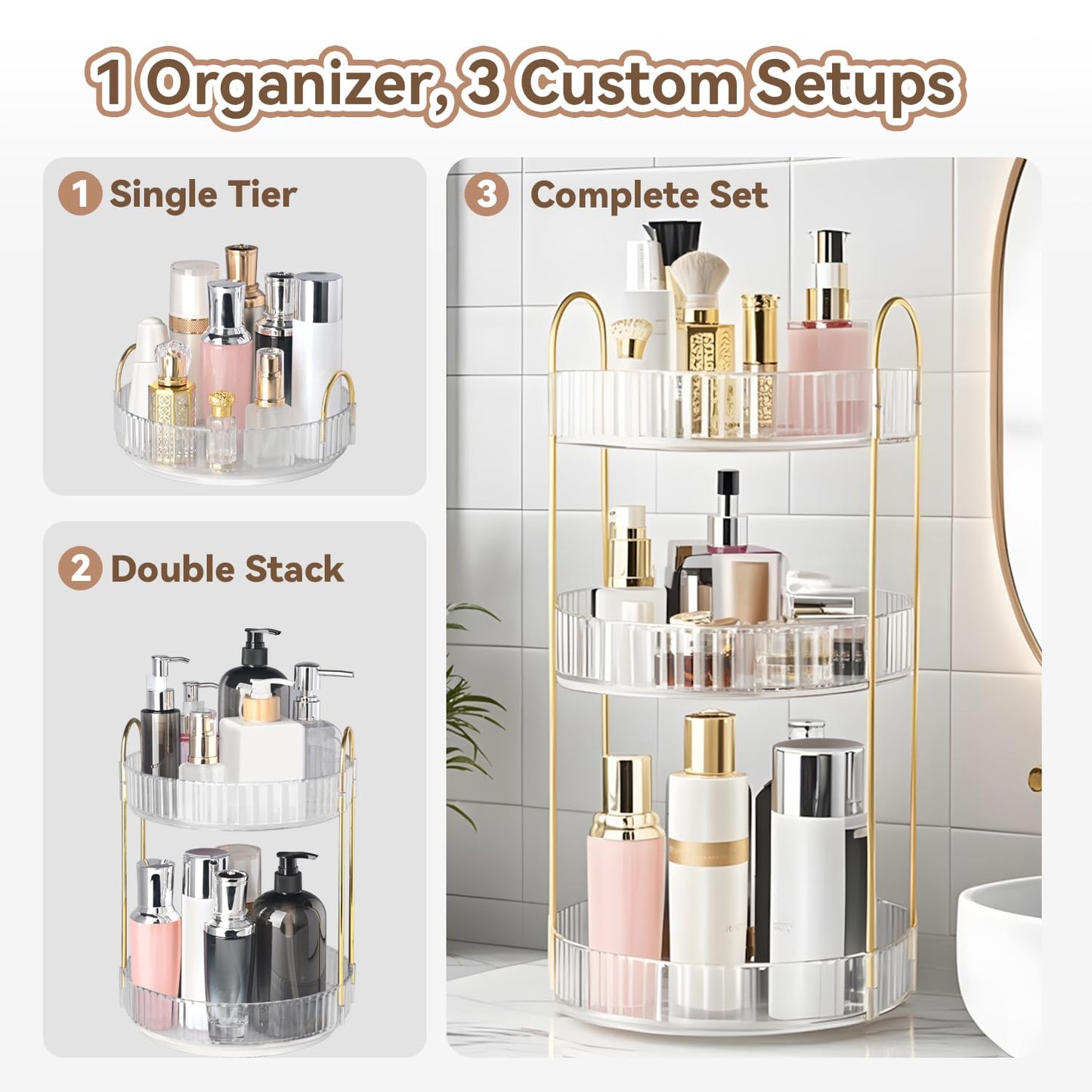360° Rotating Makeup Organizer for Vanity, 3 Tier Perfume Organizers Skincare Organizers and Storage for Bathroom Countertop, Spinning Cosmetic Organizer for Bedroom Dresser Counter (Clear)