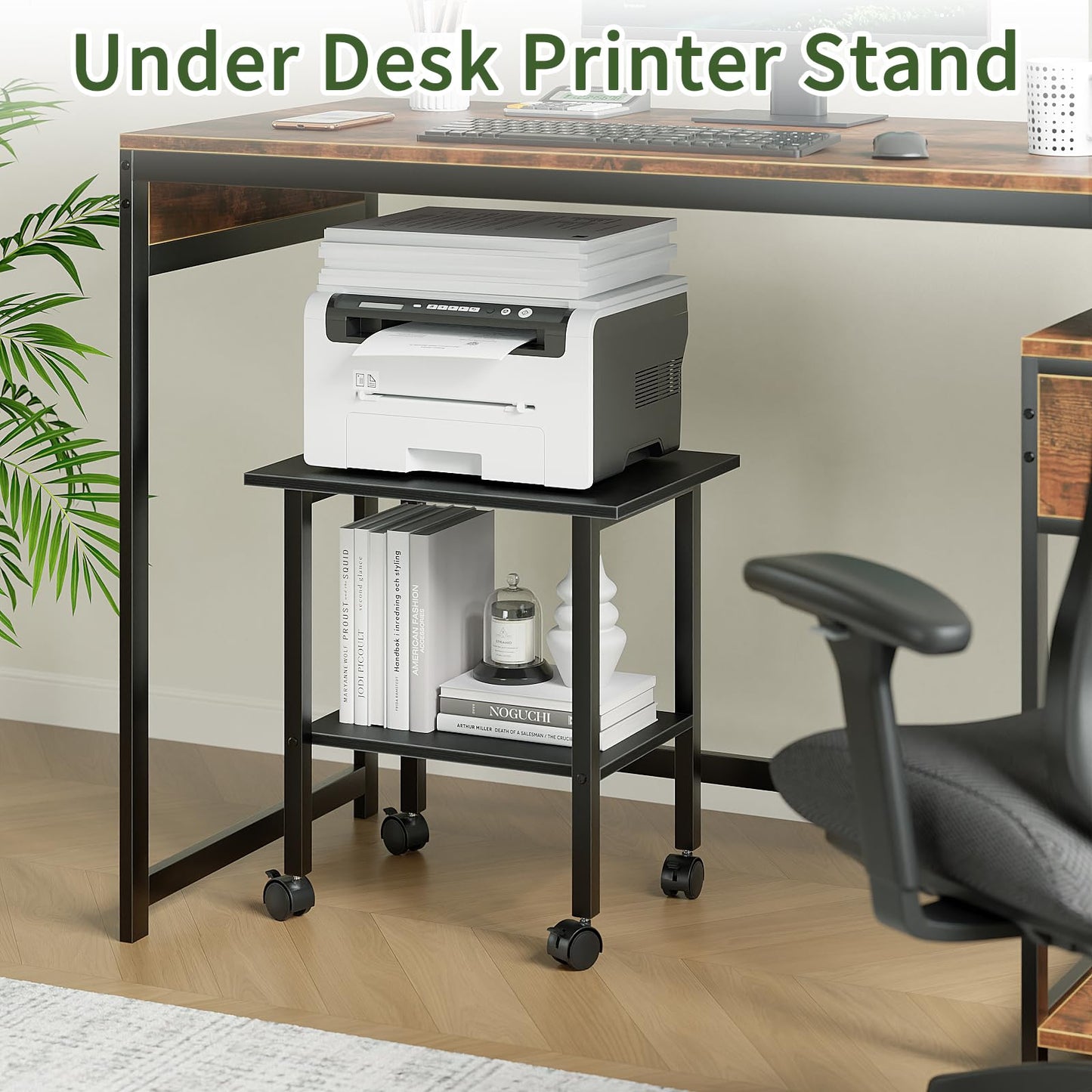 YQ JENMW 2 Tier Printer Stand with Storage, Under Desk Printer Table, Space-Saving Printer Table with Locking Wheels, Rolling Printer Cart for Home Office, Black
