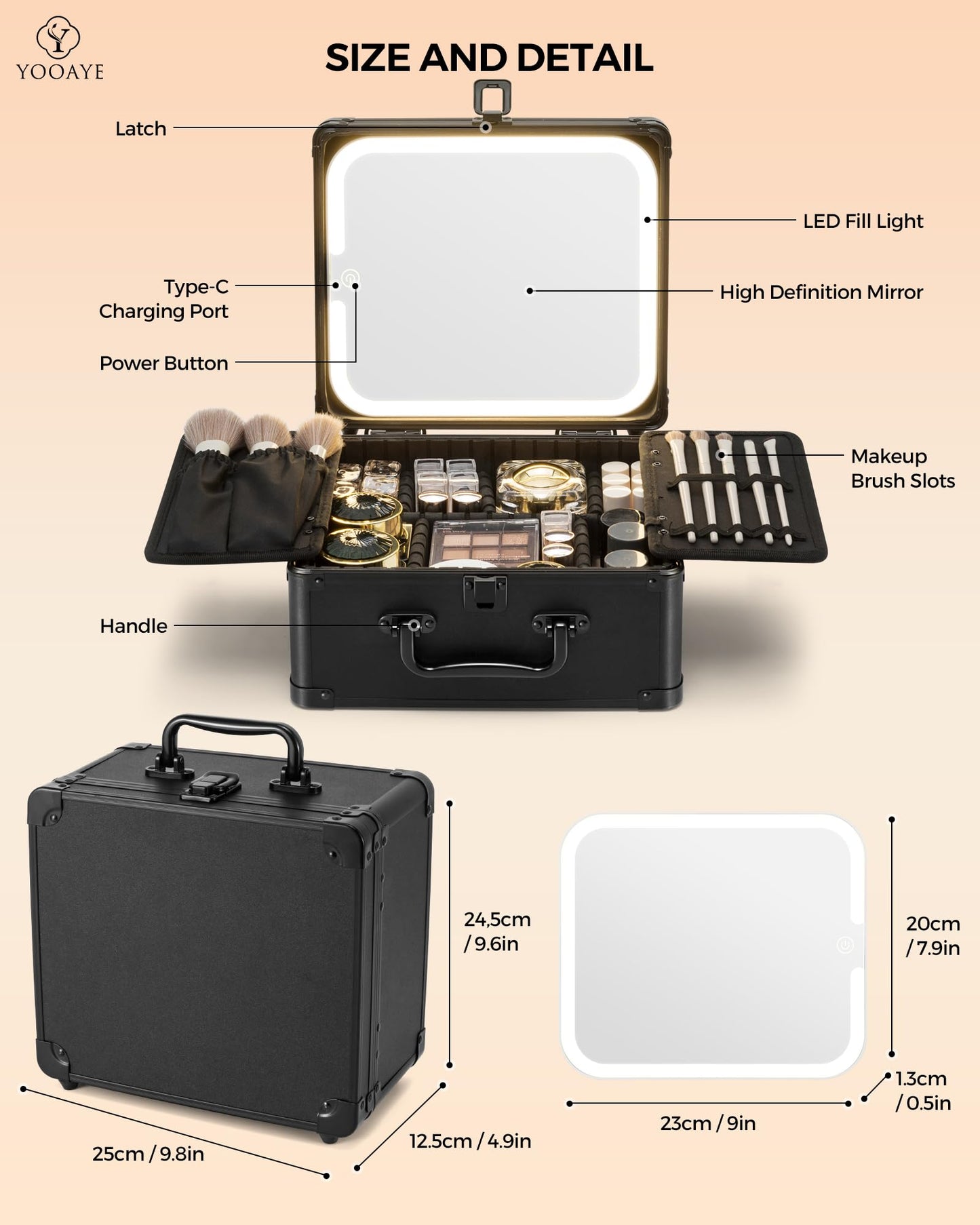 Yooaye Makeup Box with Detachable Lighted Mirror–Travel Train Case, Cosmetic Storage Organizer & Makeup Suitcase with Adjustable Dividers & Magnetic LED Mirror (Black)