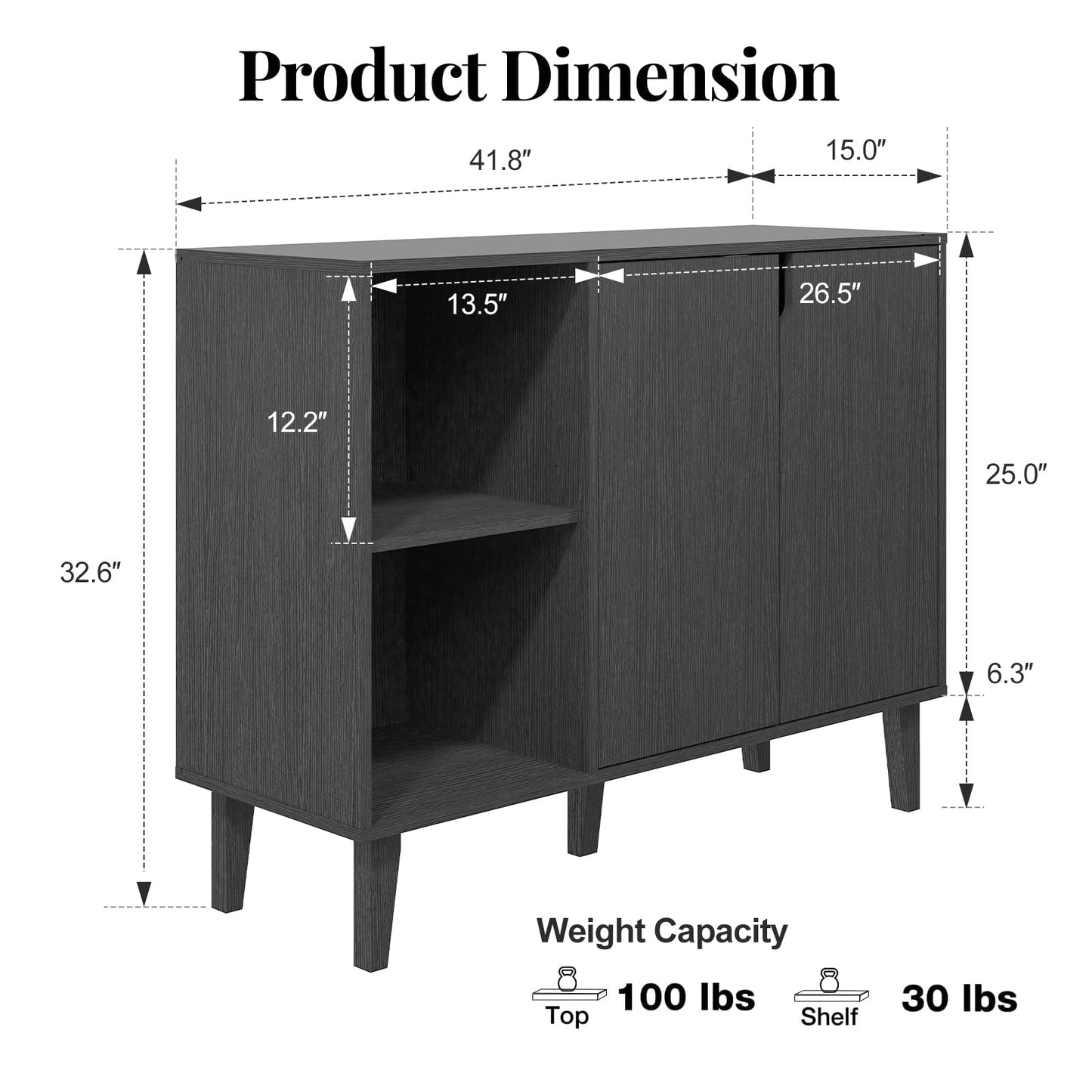 Panana Kitchen Buffet Cabinet Storage Sideboard with 2 Doors 2 Shelves, 41.8" L x 15" W x 32.5" H (Black)