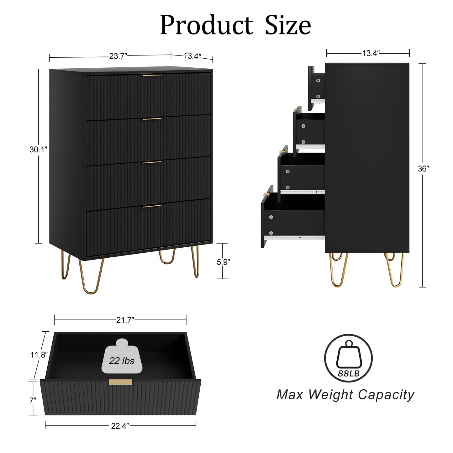 Masupu 4 Drawer Dresser, Drawer Chest, Tall Storage Chest Cabinet Organizer Unit with Metal Legs, Small Dresser for Bedroom, Living Room, Closet, Hallway Black Stripe