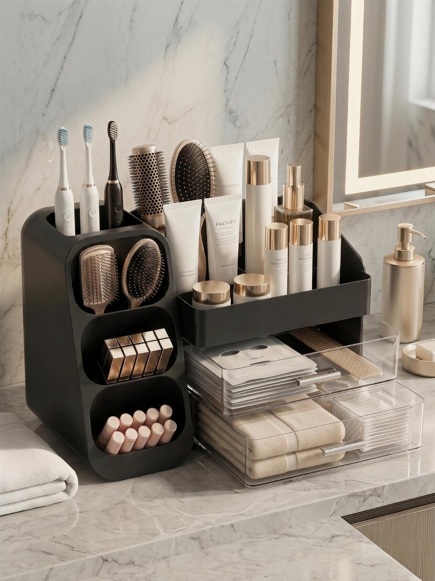 Booklov Makeup Organizer for Vanity, Large Capacity Cosmetic Display Case with Drawers, Countertop Beauty Storage Holder for Skincare, Brush Eyeliner Perfume Eyeshadow Lipsticks, Counter Desk, Black